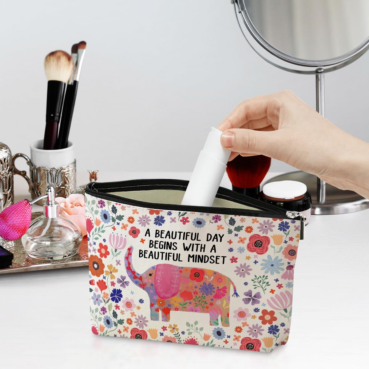 Floral Elephant Cosmetic Bag for Women - Inspirational Gift for Graduation, Birthday & Mother's Day - Multipurpose Makeup Organizer & Travel Toiletry Bag - Perfect for Daily Use, Travel & Gifting