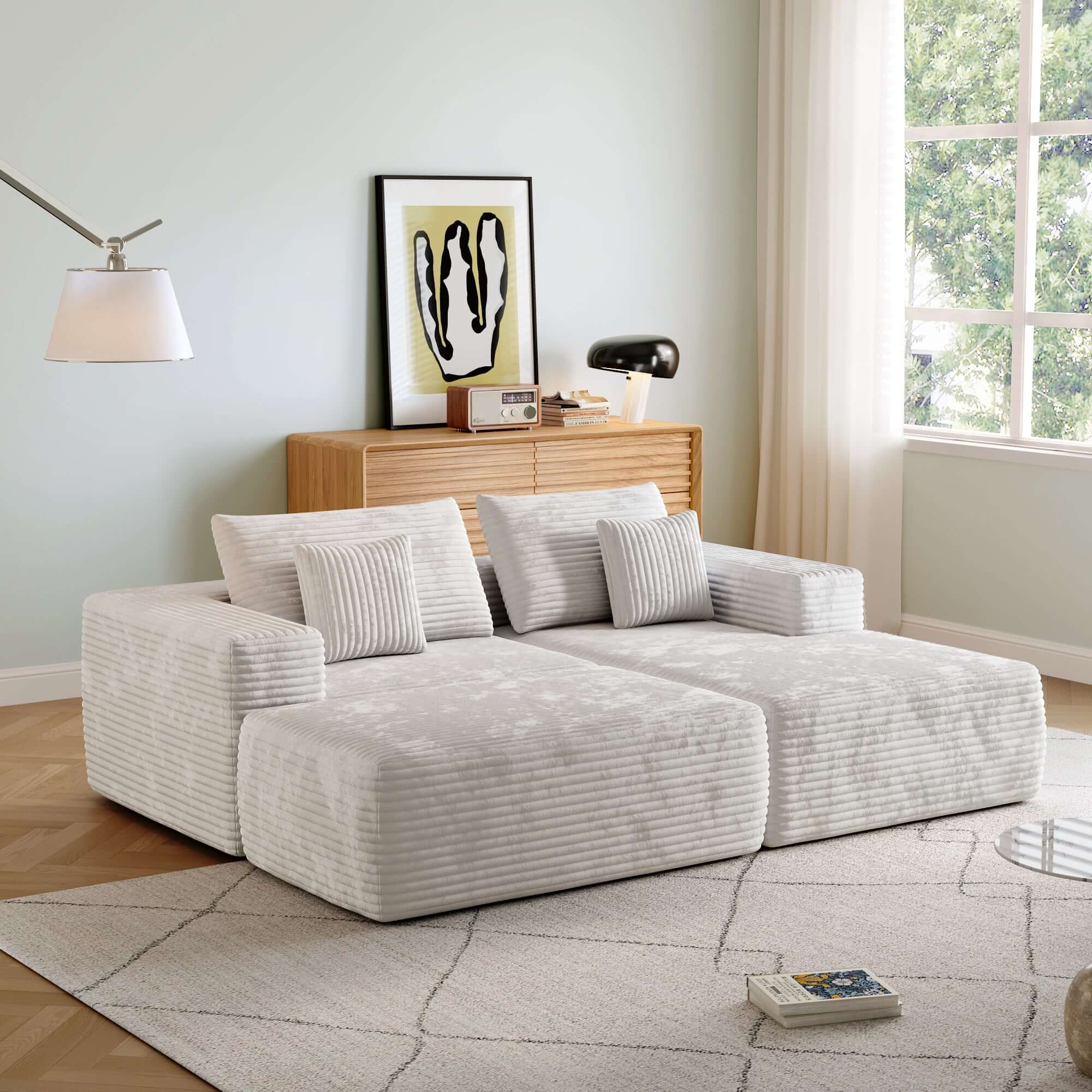 L-Shaped Beige Corduroy Sofa with Ottoman - Modern Comfortable Sectional Couch for Living Room, Lounge & Small Spaces