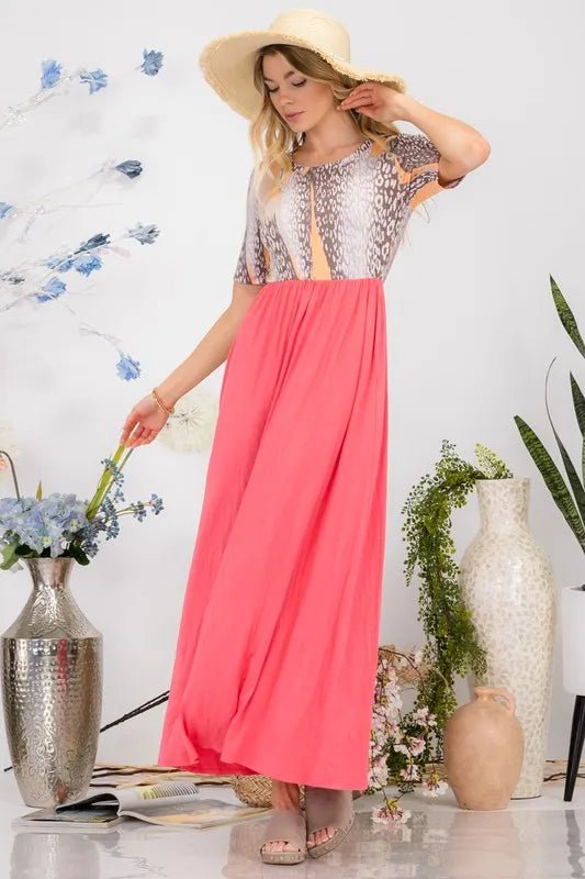 Celeste Women's Full Size Leopard Print Round Neck Short Sleeve Maxi Dress - Perfect for Beach Vacations, Summer Parties & Casual Outings