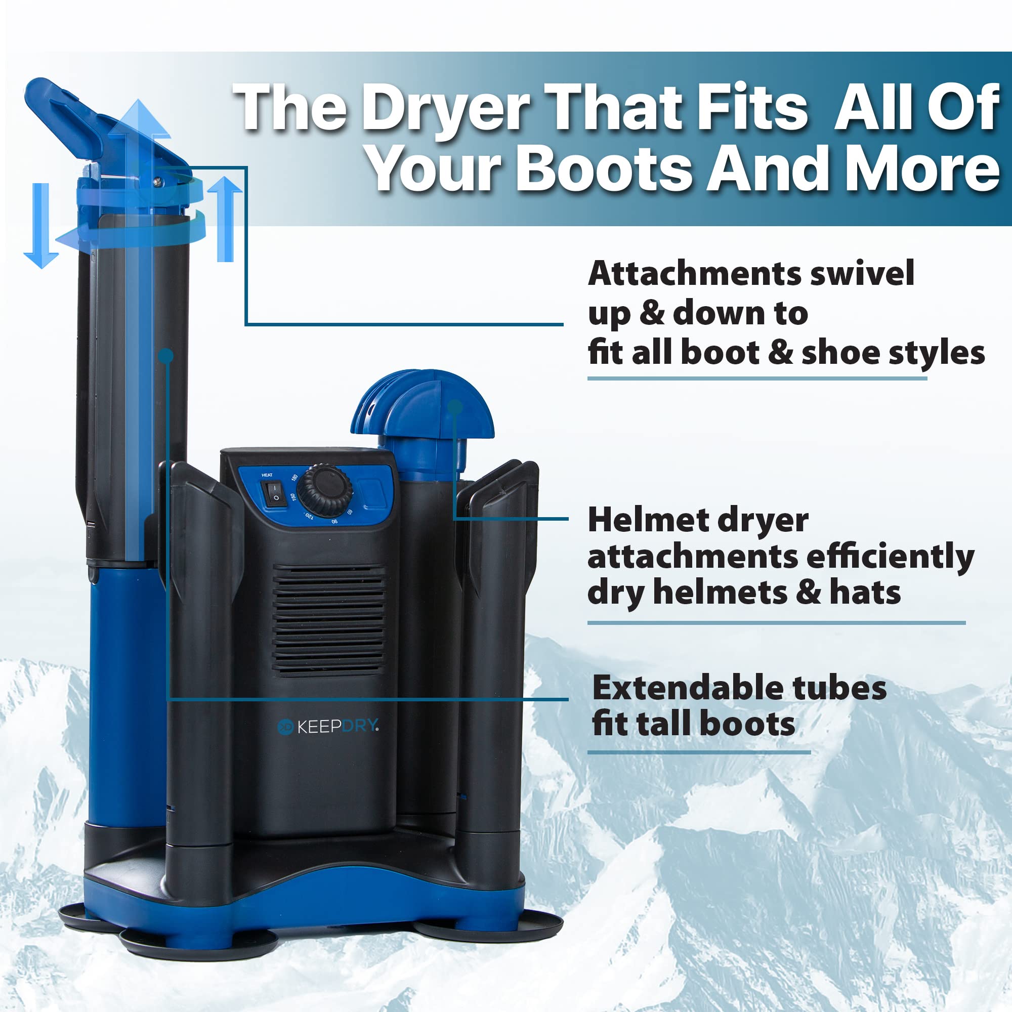 Heavy Duty Forced Heat Boot Dryer & Shoe Dryer with Adjustable Timer & Heat Switch - Fast Drying for Boots, Shoes & Garments - Collapsible Drying Tubes - Perfect for Hiking, Camping & Winter Sports