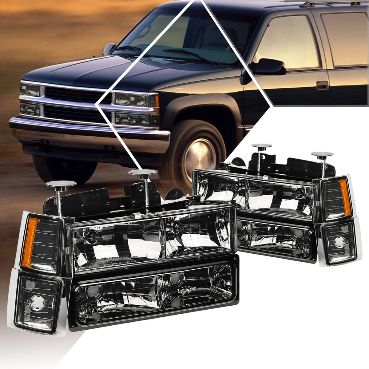 PM PERFORMOTOR Headlight Assembly Compatible with 1994-1999 Chevy C/K Pickup & Suburban - Smoked Lens with Amber Corner Lights | Replacement for Foggy/Broken Headlamps | Perfect for Night Driving & Off-Road Adventures