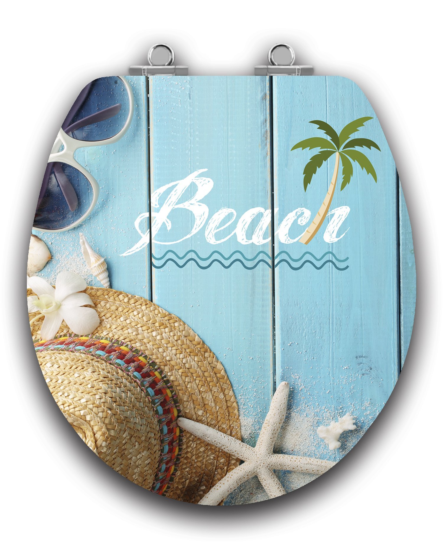 Slow Close Round Toilet Seat with Chromed Metal Hinges - Acrylic Wood Grain Design for Bathroom, Beach House & RV Use