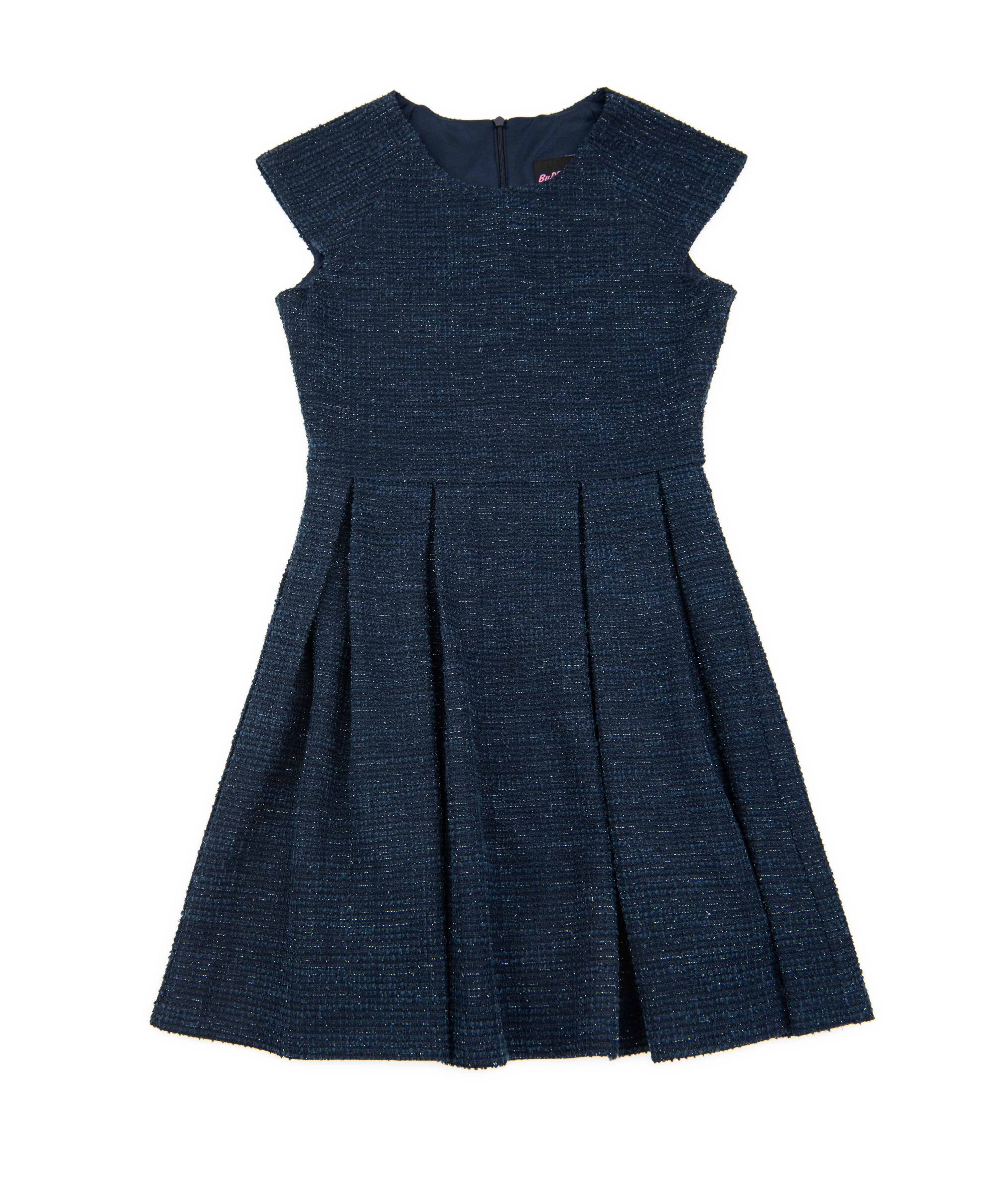 By Debra Girls Navy Blue Boucle Cap Sleeve Box Pleat Dress for Kids - Perfect for Birthday Parties, School Events & Special Occasions