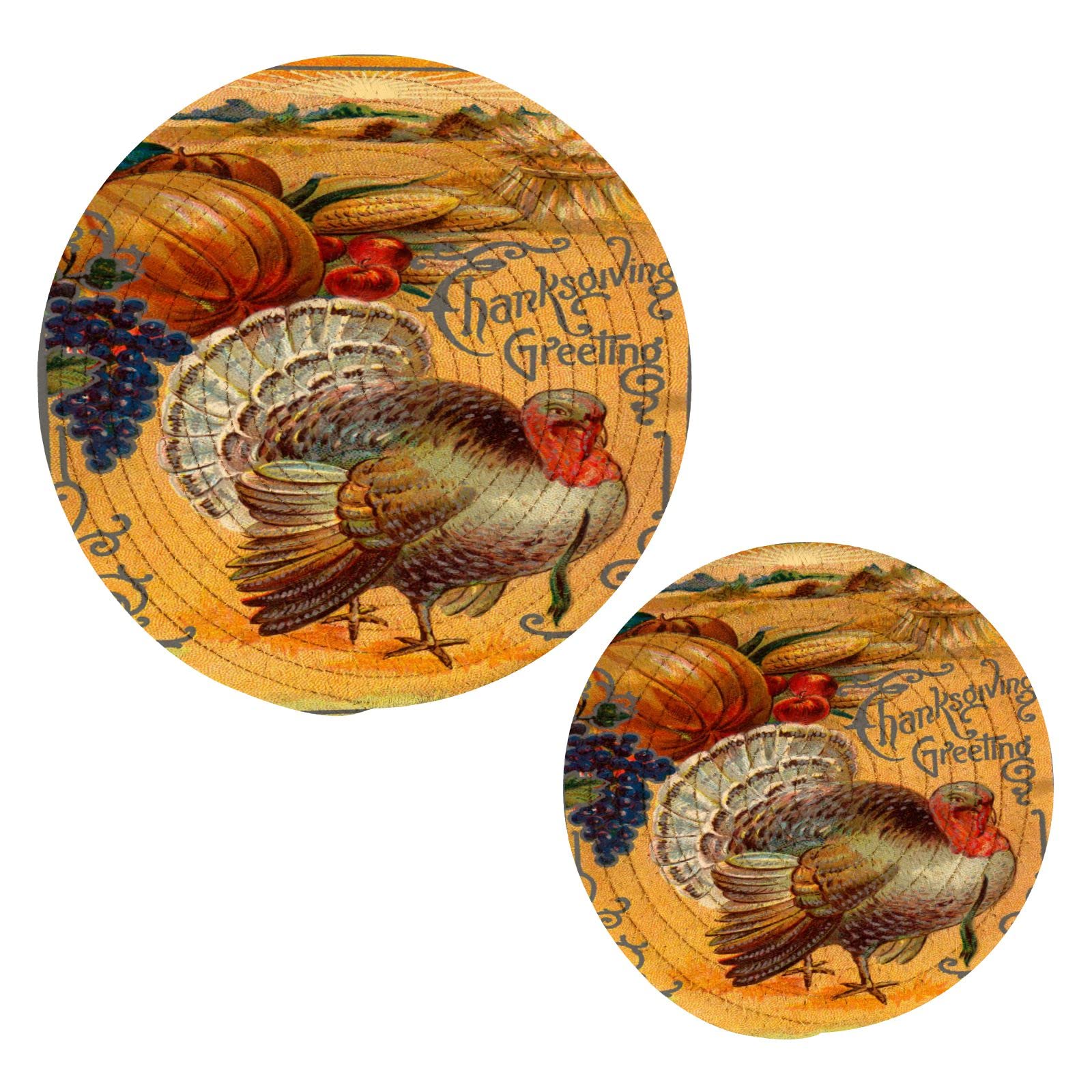 Thanksgiving Turkey Pot Holders Set of 2 - Heat Resistant Round Cotton Woven Trivets & Coasters for Hot Dishes, Pans & Bowls - Perfect for Holiday Cooking, Baking & Dinner Table Decor