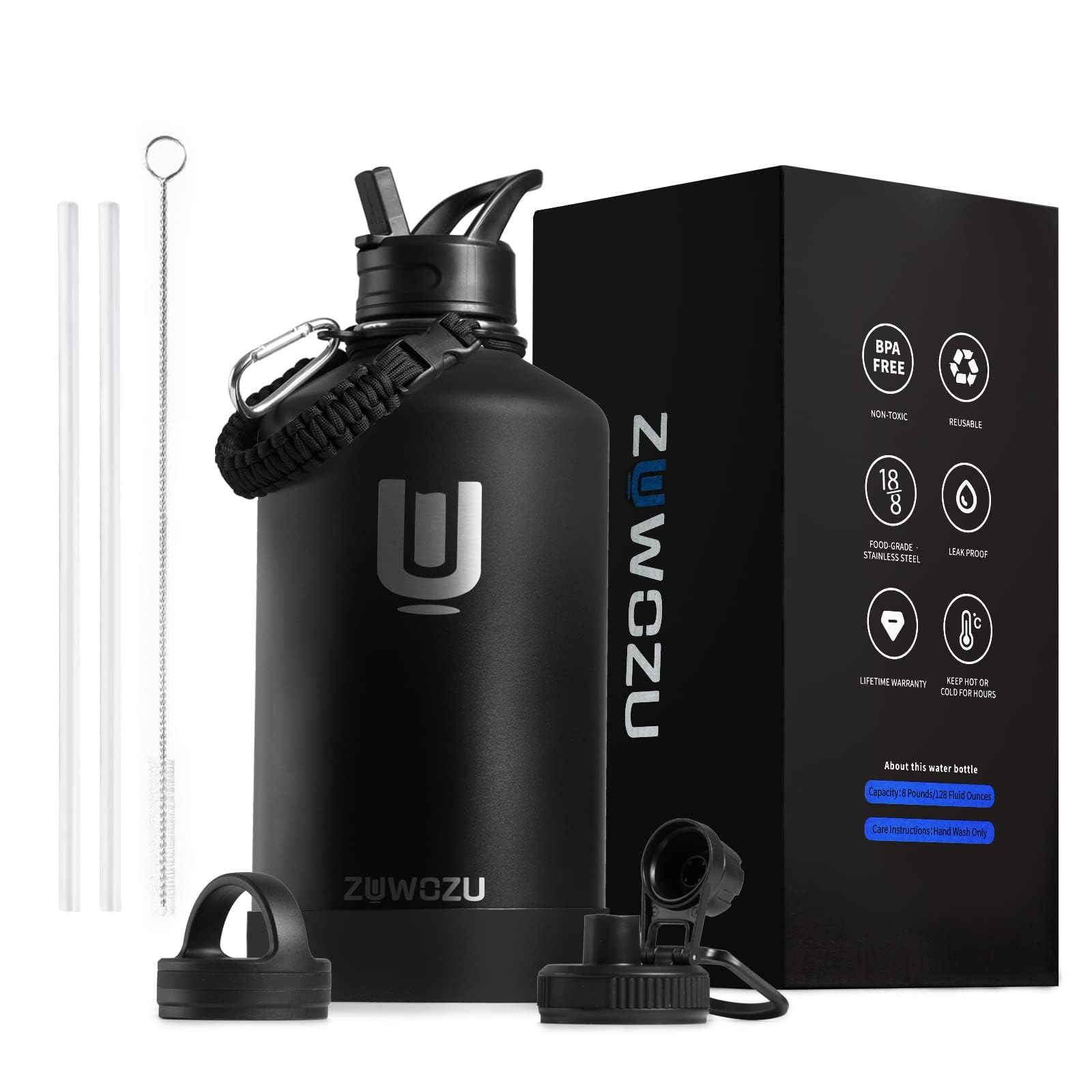 1 Gallon Insulated Stainless Steel Water Bottle with Straw, Spout & Handle - 128oz Large Water Jug for Hot & Cold Drinks - Perfect for Camping, Hiking, Sports, Gym & Outdoor Activities - Black