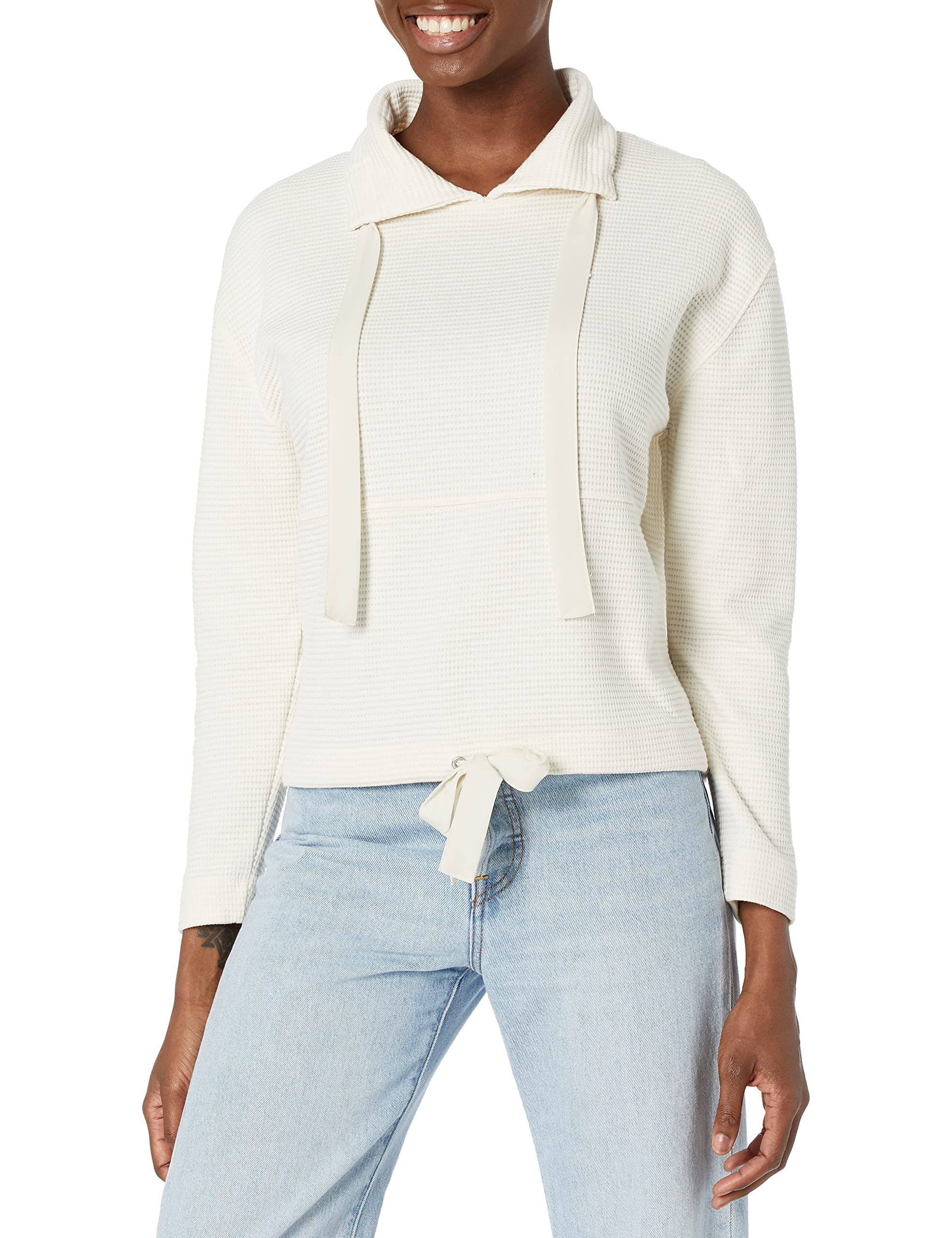 Club Monaco Women's Waffle Knit Sweatshirt - Soft Casual Pullover for Fall & Winter - Perfect for Coffee Dates, Weekend Errands and Cozy Layering