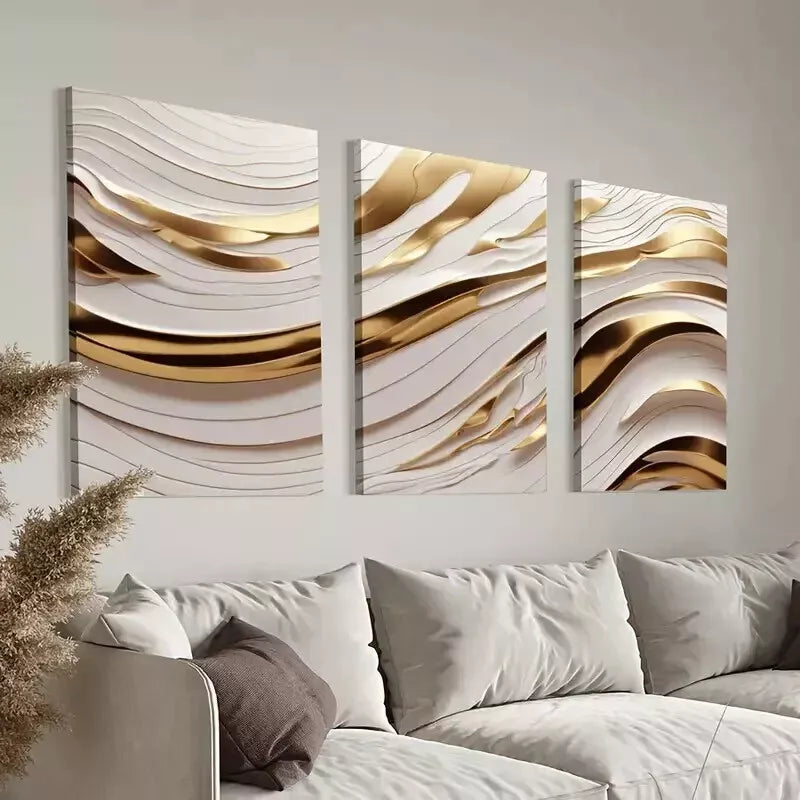 3-Piece Golden & White Abstract Wave Wall Art Set - Framed Canvas 50x70cm (20x28in) - High Quality Print - 100% Australian Made - Ready to Hang - Perfect for Living Room, Bedroom & Office Decor
