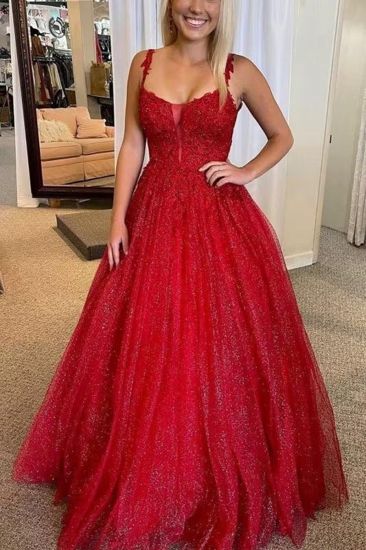 Homdor Sequin Applique Tulle Prom Dress - Long Spaghetti Straps V-Neck Ball Gown Glitter Formal Evening Gown for Homecoming, Wedding, Quinceañera & Special Occasions