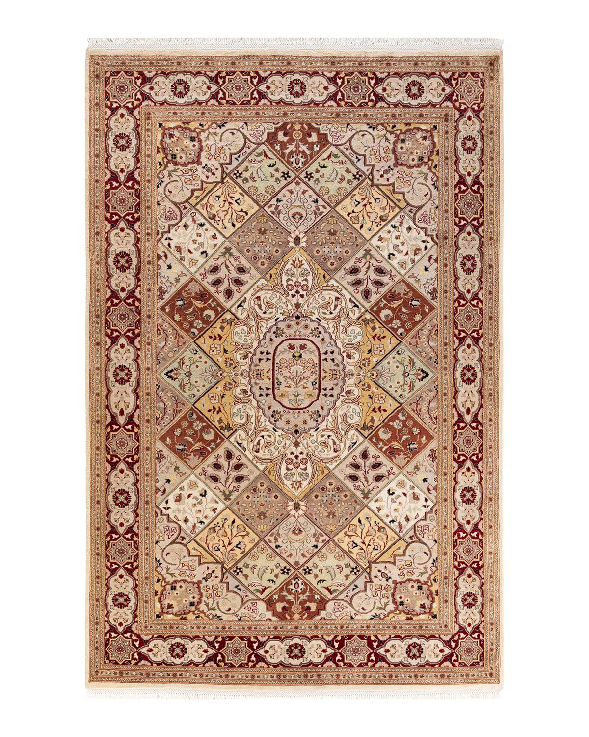 Handmade Wool Traditional Oriental Mogul Ivory 6x9 Area Rug - One of a Kind Hand Knotted Solo Rugs for Living Room, Bedroom & Dining Room Decor