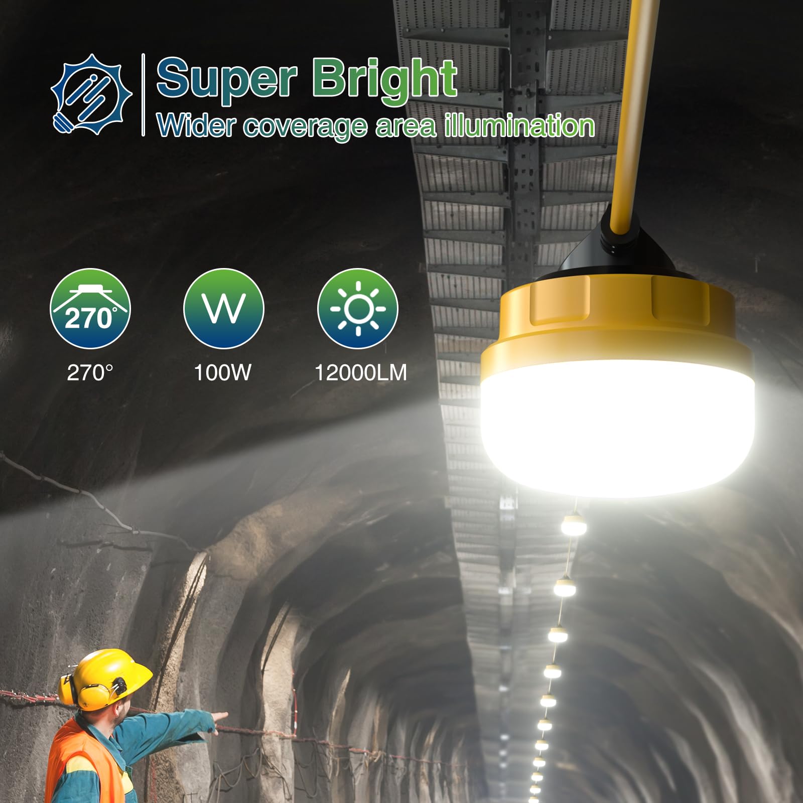 100FT Construction String Lights - 100W 12000LM IP65 Weatherproof Linkable Jobsite Work Light with 10 Replaceable Bulbs & Hanging Hooks | ETL Certified for Construction Sites, Warehouse, Backyard, Patio, Camping & Outdoor Events