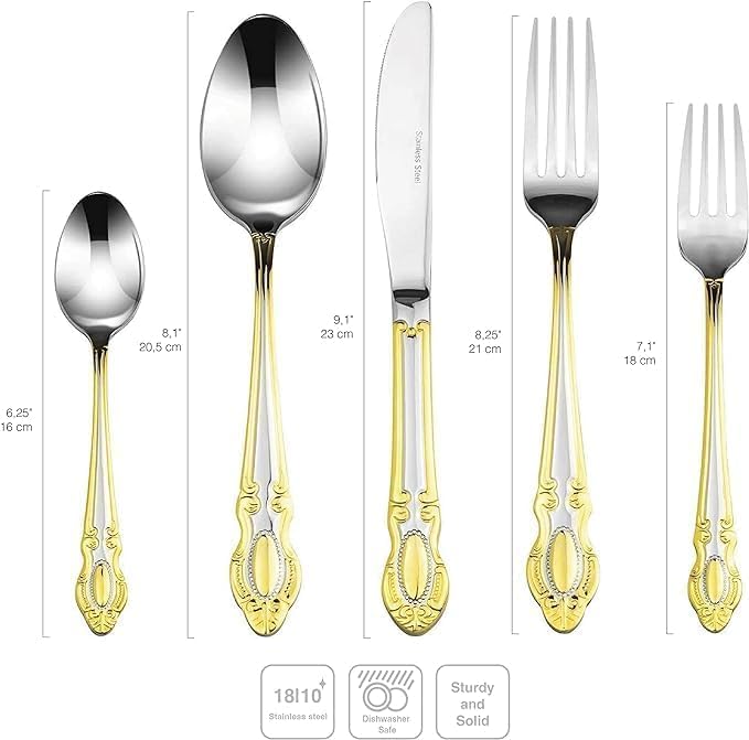 Venezia Collection Michelangelo 75-Piece Flatware Set - Premium 18/10 Stainless Steel Cutlery with 24K Gold Accents - 12-Person Dining Set Includes Hostess Serving Pieces in Wooden Storage Case - Perfect for Formal Dinners, Wedding Gifts & Luxury Entertaining