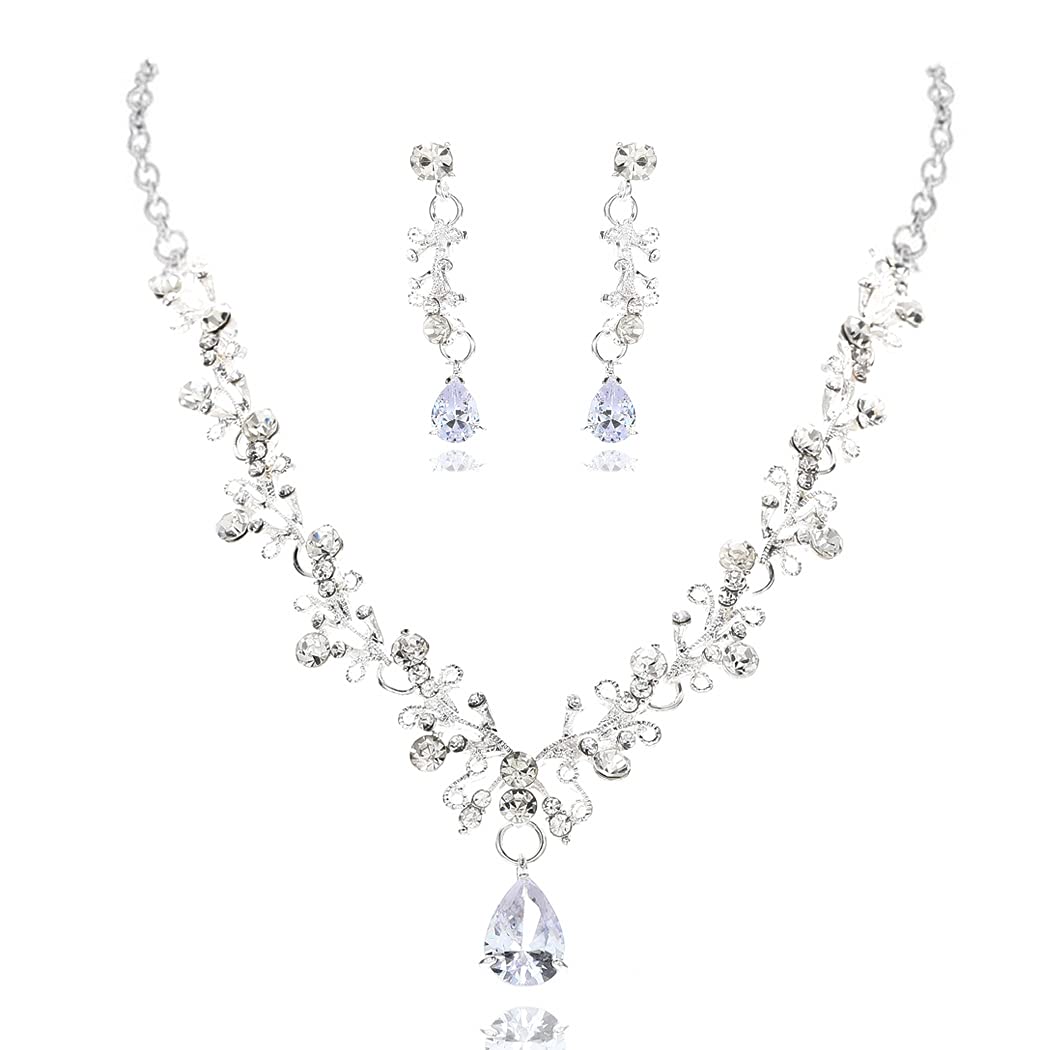 Elegant Silver Crystal Bridal Jewelry Set - Necklace & Earrings for Women | Rhinestone Pendant Wedding Accessories for Bride & Girls | Perfect for Weddings, Prom, Parties & Special Occasions
