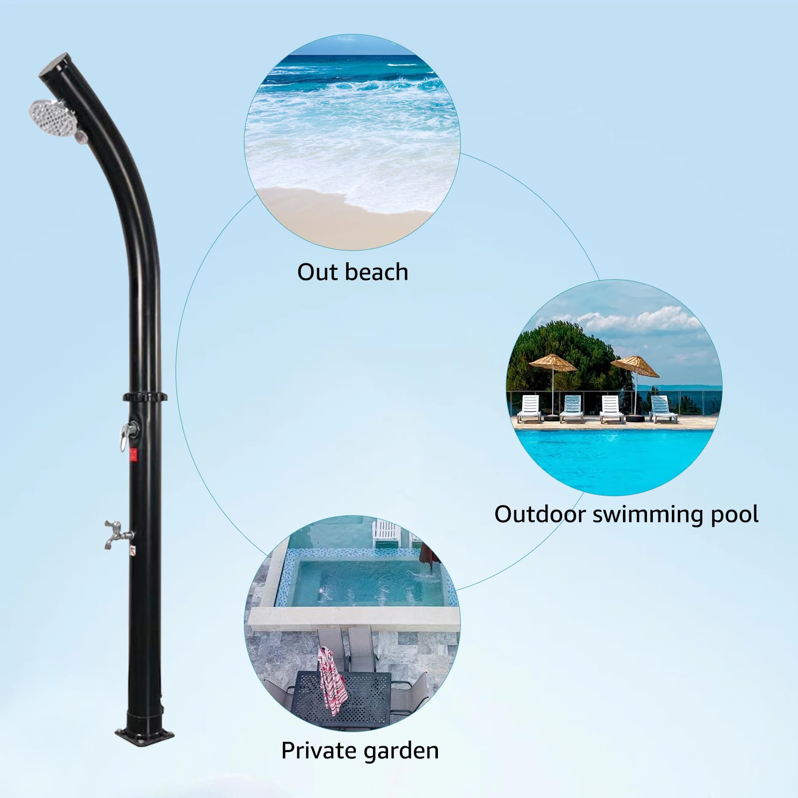 6.5 FT 5.3 Gallon Solar Outdoor Shower with Adjustable Shower Head, Foot Tap & Thermometer - Perfect for Pool, Backyard, Garden, Beach and Spa Use