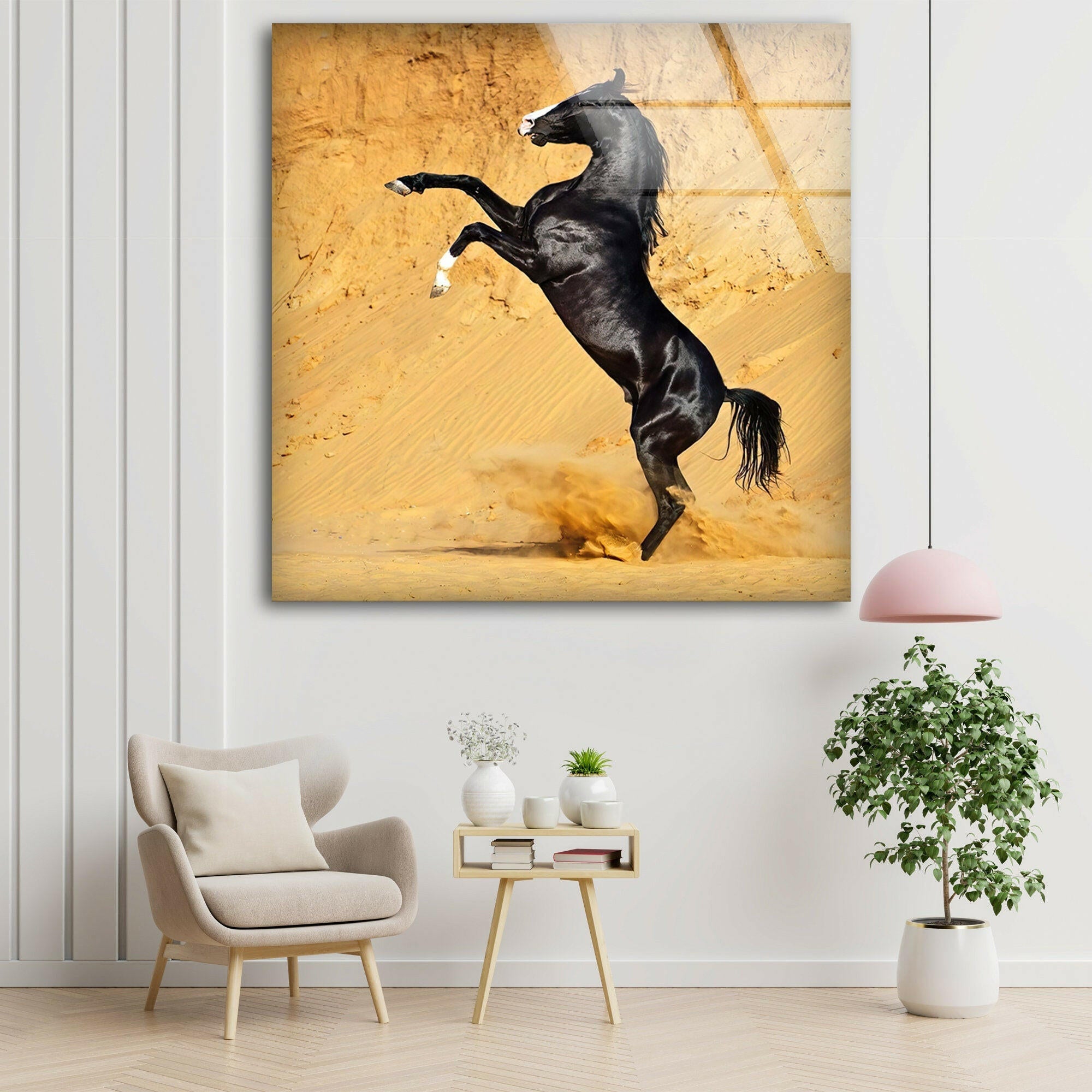 Black Horse on Desert Glass Wall Art - Stunning Home Decor for Living Room, Bedroom & Office | Modern Abstract Painting for Unique Interior Design