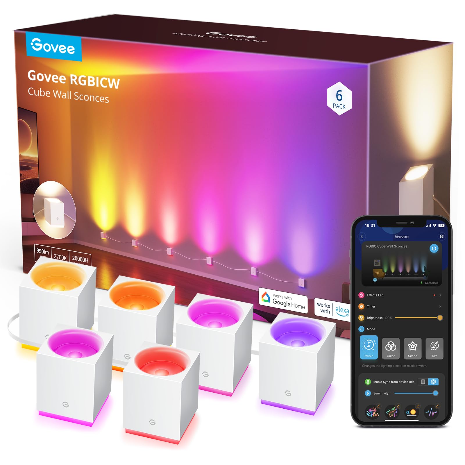 Govee RGBIC Smart Cube Wall Sconces - WiFi & Alexa Compatible LED Wall Lights for Bedroom, Dining Room Decor - Color Changing Indoor Lighting with Music Sync & 15ft Adjustable Cables | Perfect for Mood Lighting, Home Theater Ambience & Party Decorations