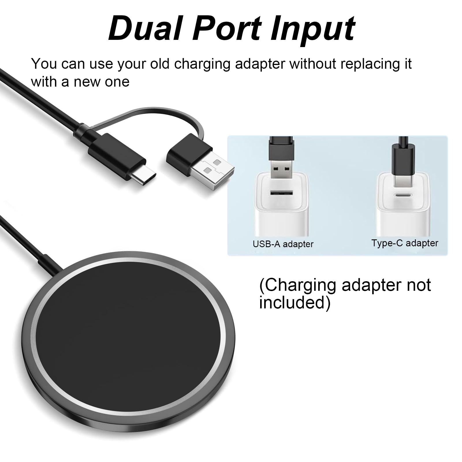 15W MFi Certified Magnetic Wireless Charger with USB-C Cable (1m/3.3ft) & USB-A Port - Compatible with iPhone 15/15 Pro/15 Pro Max/15 Plus/14/13/12 - Fast Charging Stand for Home, Office & Travel - Black