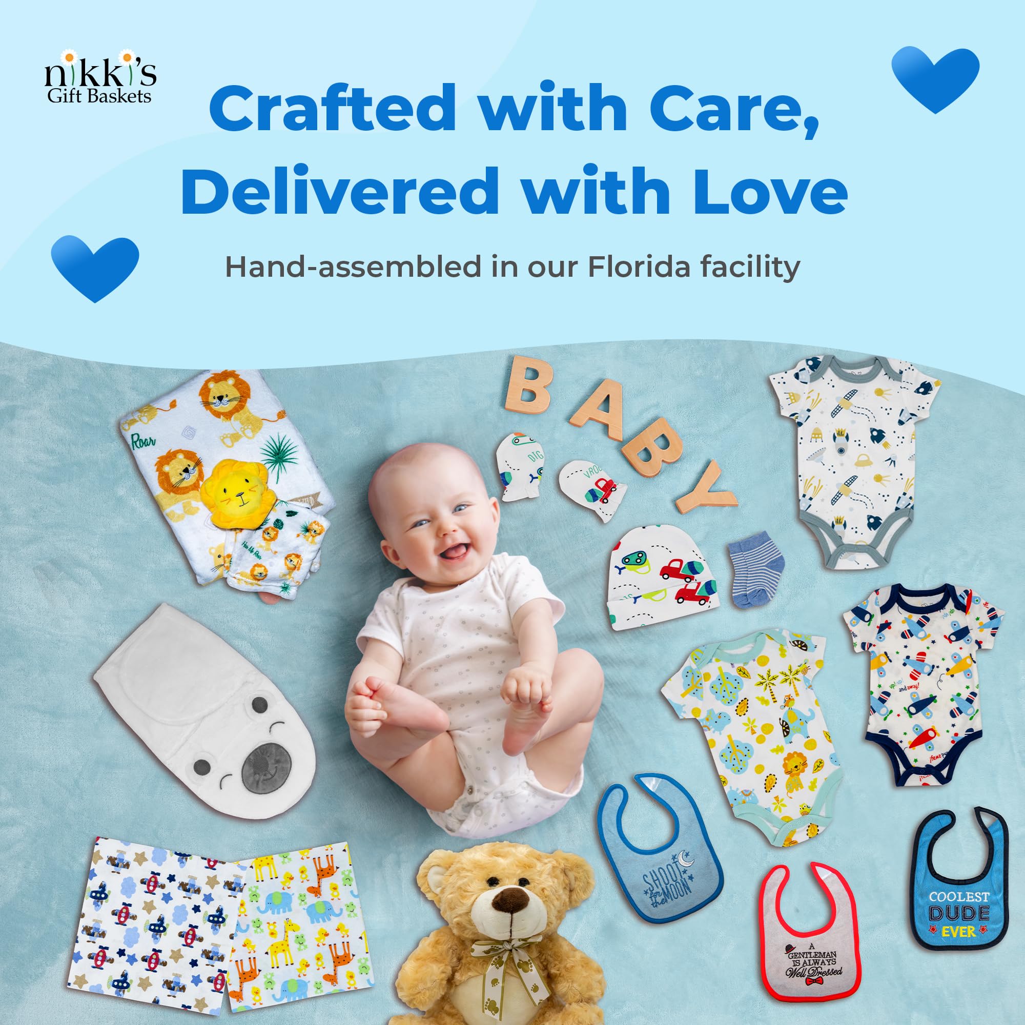 Joyful Arrival Deluxe Baby Boy Gift Basket - 20-Piece Newborn Baby Boy Gift Set | Perfect for Expecting Moms, Baby Showers & Gender Reveal Parties | Premium Blue Baby Gift Basket for Newborns by Nikki's Gift Baskets | Ideal for Hospital Welcome Gifts & First-Time Parents