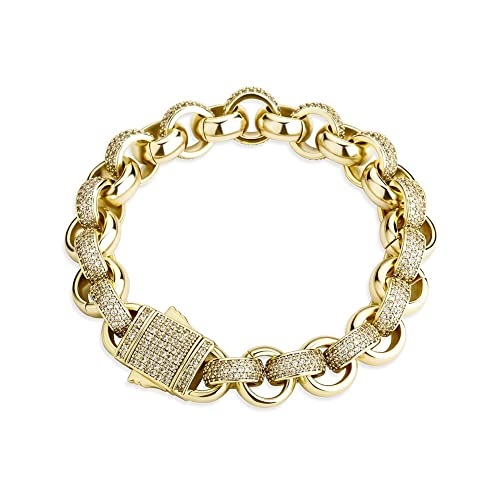 Iced Out CZ Bracelet in White Gold with Spring Ring Clasps - Hip Hop Fashion Jewelry for Men (12mm, 8inch, Gold) - Perfect for Parties, Gifts & Streetwear Style