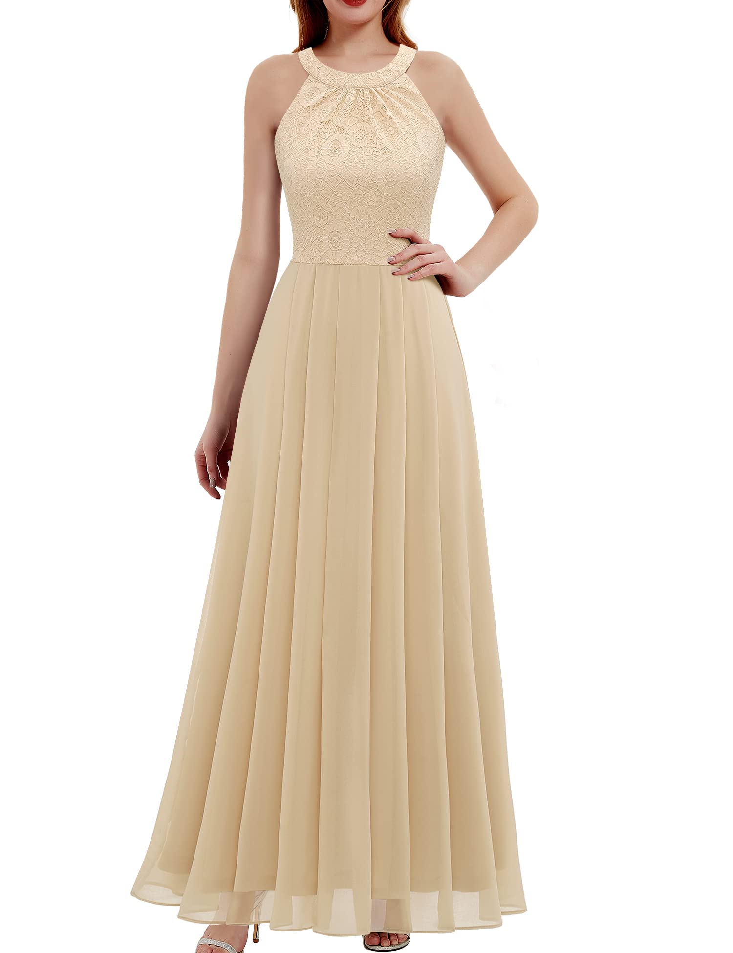 Elegant Women's Long Formal Halter Lace Chiffon Dress - Wedding, Bridesmaid & Evening Party Gown for Special Occasions