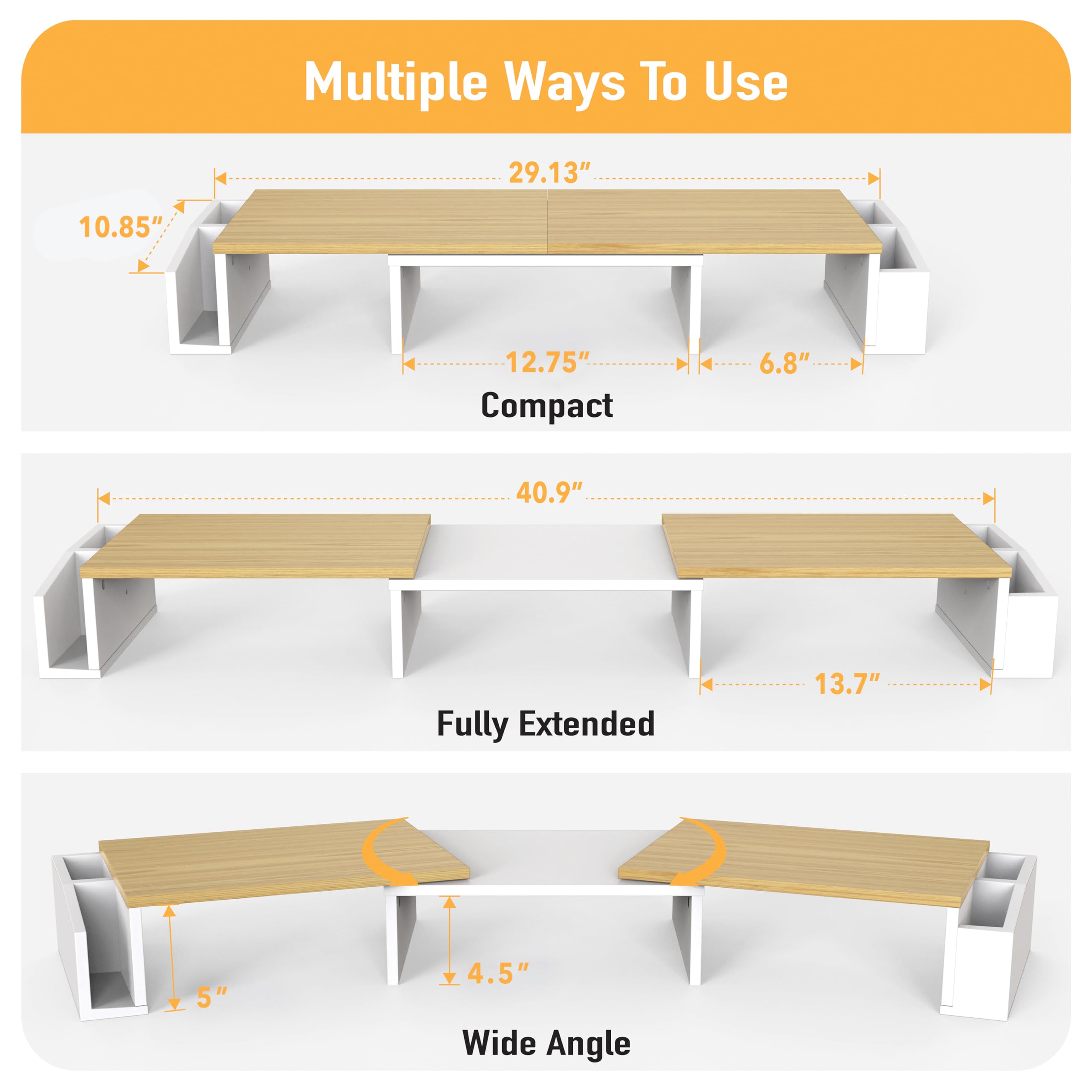 Dual Monitor Stand Riser with Storage Drawer - Solid Oak Wood Desktop Organizer for Home Office, Gaming Setup & Workspace