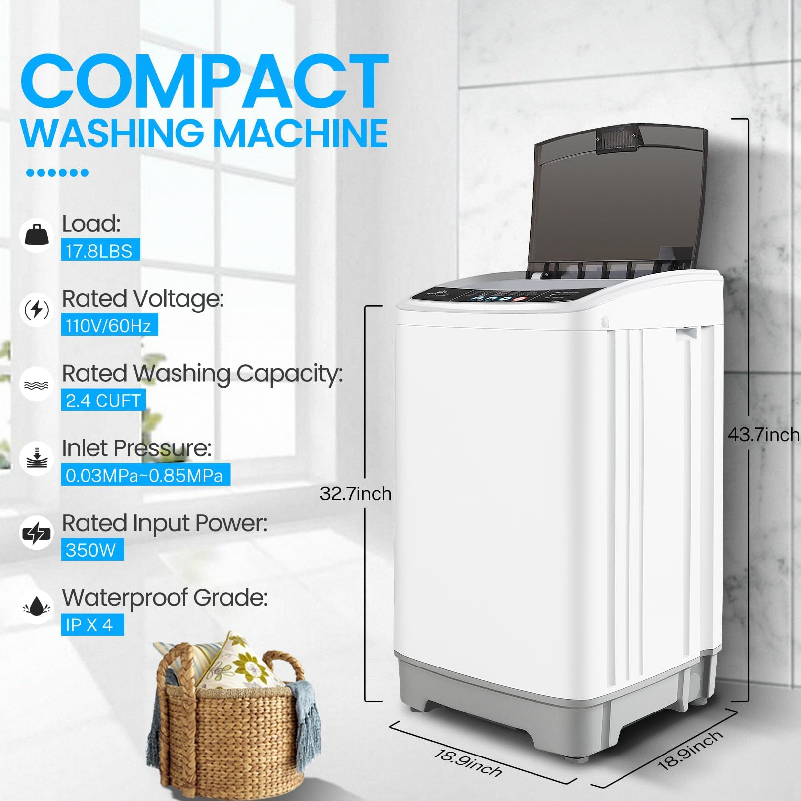 Nictemaw 17.8Lbs Full Automatic Portable Washing Machine - 2.4 Cu.ft Compact Laundry Washer with 10 Wash Programs, 8 Water Levels, Drain Pump & LED Display - Perfect for Apartments, Homes, RVs, Camping & Small Spaces