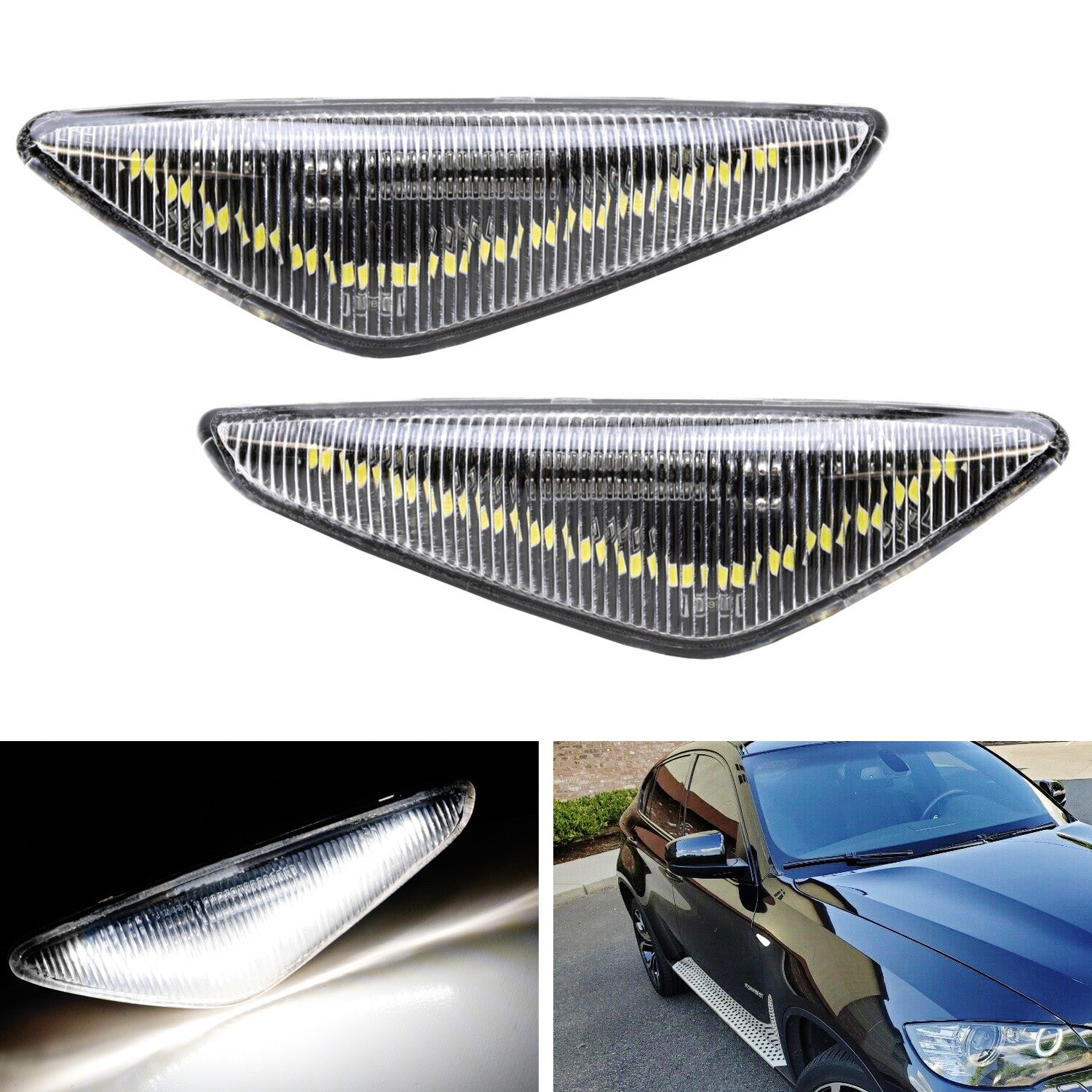 BMW X3 X5 X6 Clear V-Shaped LED Front Fender Side Marker Lights - White Bright DRL Turn Signal for Enhanced Visibility & Style | Perfect for Night Driving & Custom Car Upgrades