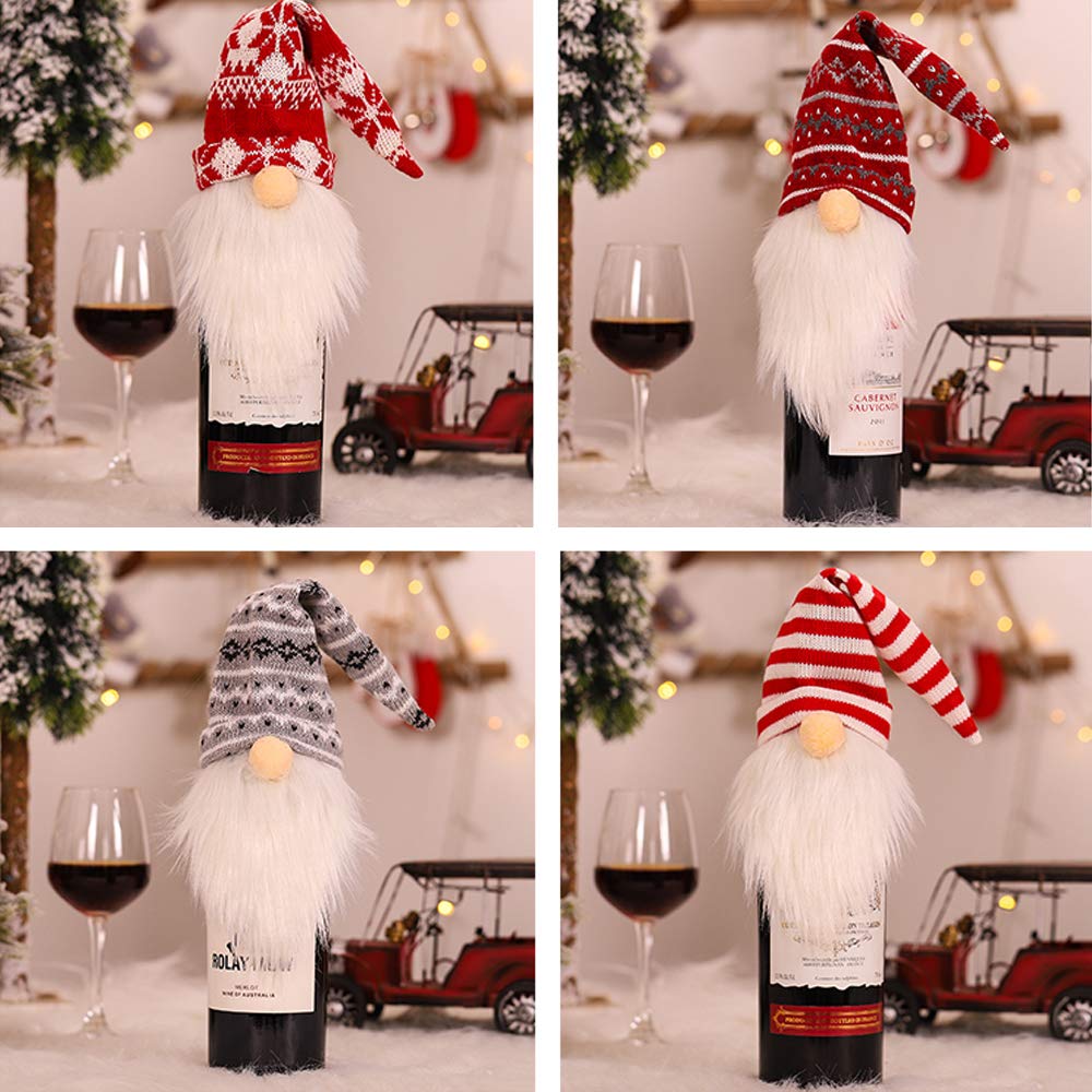 Handmade Swedish Gnome Wine Bottle Cover - Christmas Tomte Decorative Toppers & Reusable Gift Bags (4 Pack) for Holiday Parties, Home Decor & Festive Gifting