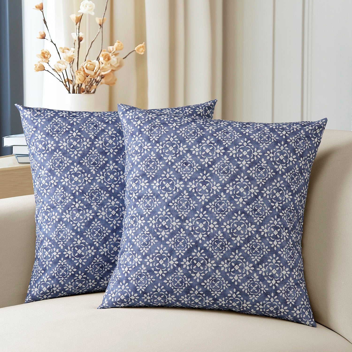 Splash Indigo Geometric Textured Printed Cotton Cushion Covers (Set of 2) - Boho Home Decor for Sofa, Bed & Living Room
