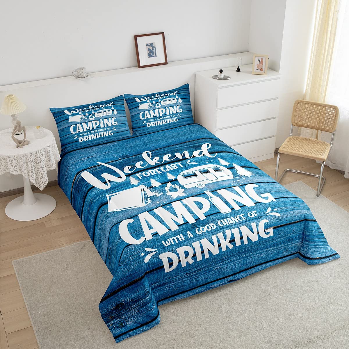 Happy Camping Camper Comforter Set Twin - Blue Adventure Themed Bedding for Kids, Teens & Adults | Rustic Wooden Door Design 2-Piece Quilt Set with Pillowcase | Perfect for Summer Camping, Dorm Rooms & Cozy Cabin Decor