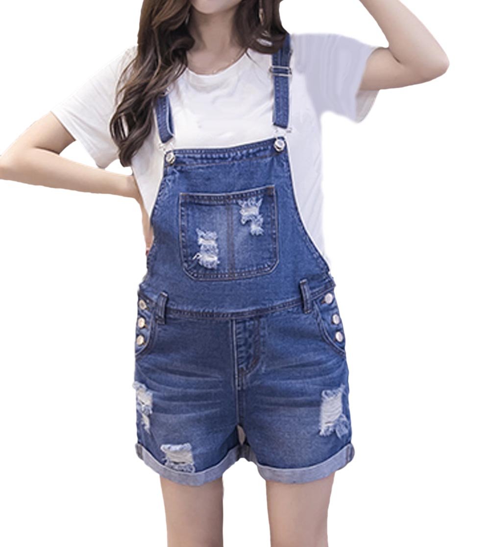 Women's Ripped Adjustable Lace-Up Denim Maternity Shortalls - Stylish & Comfortable Pregnancy Overalls for Casual Outings & Summer Maternity Fashion