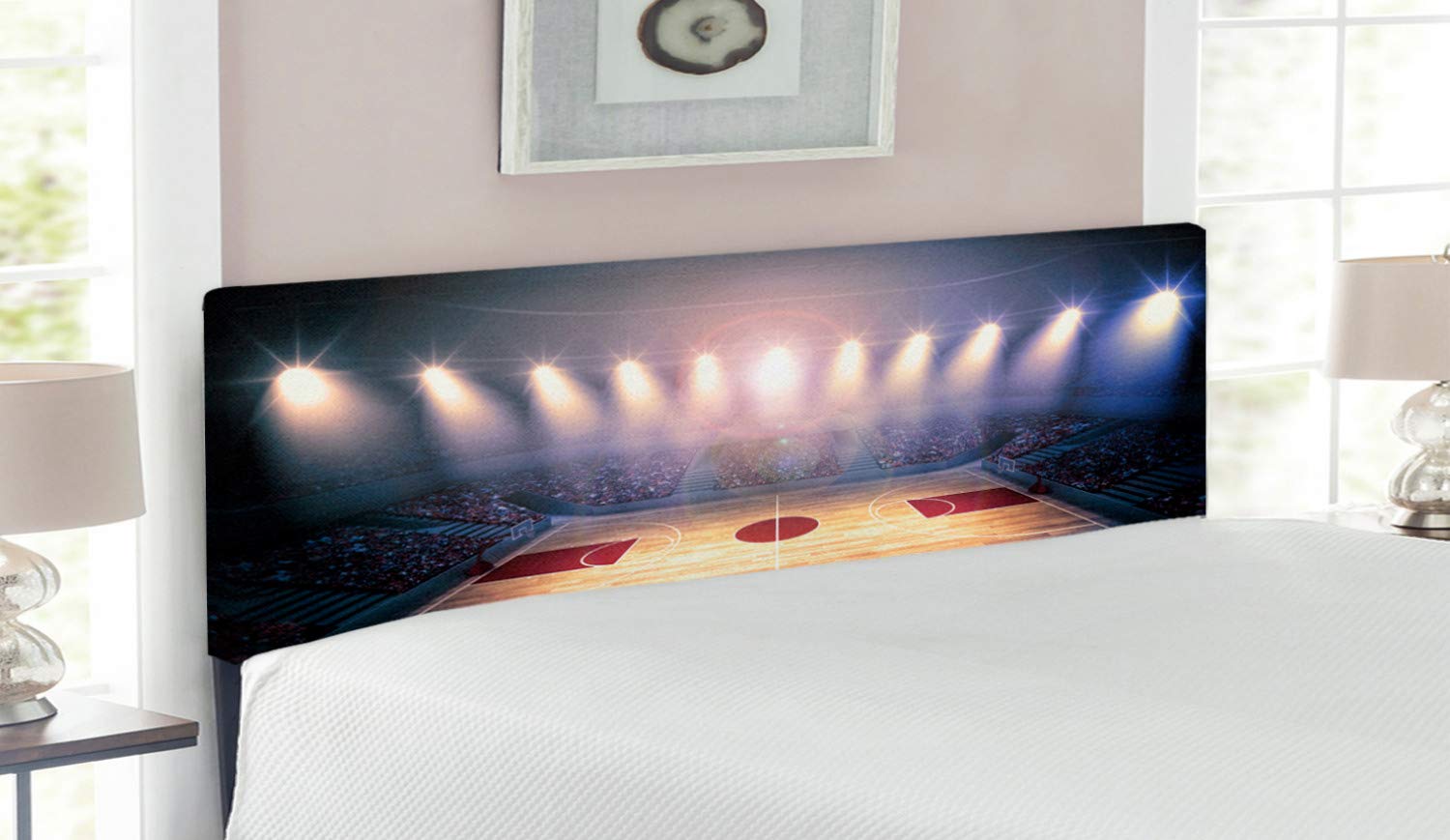 Ambesonne Basketball Headboard - Crowded Arena Game Theme Upholstered Metal Bed Frame with Memory Foam - Queen Size Beige Navy Brown - Perfect for Sports Lovers Bedroom Decor & Basketball Fan Gifts