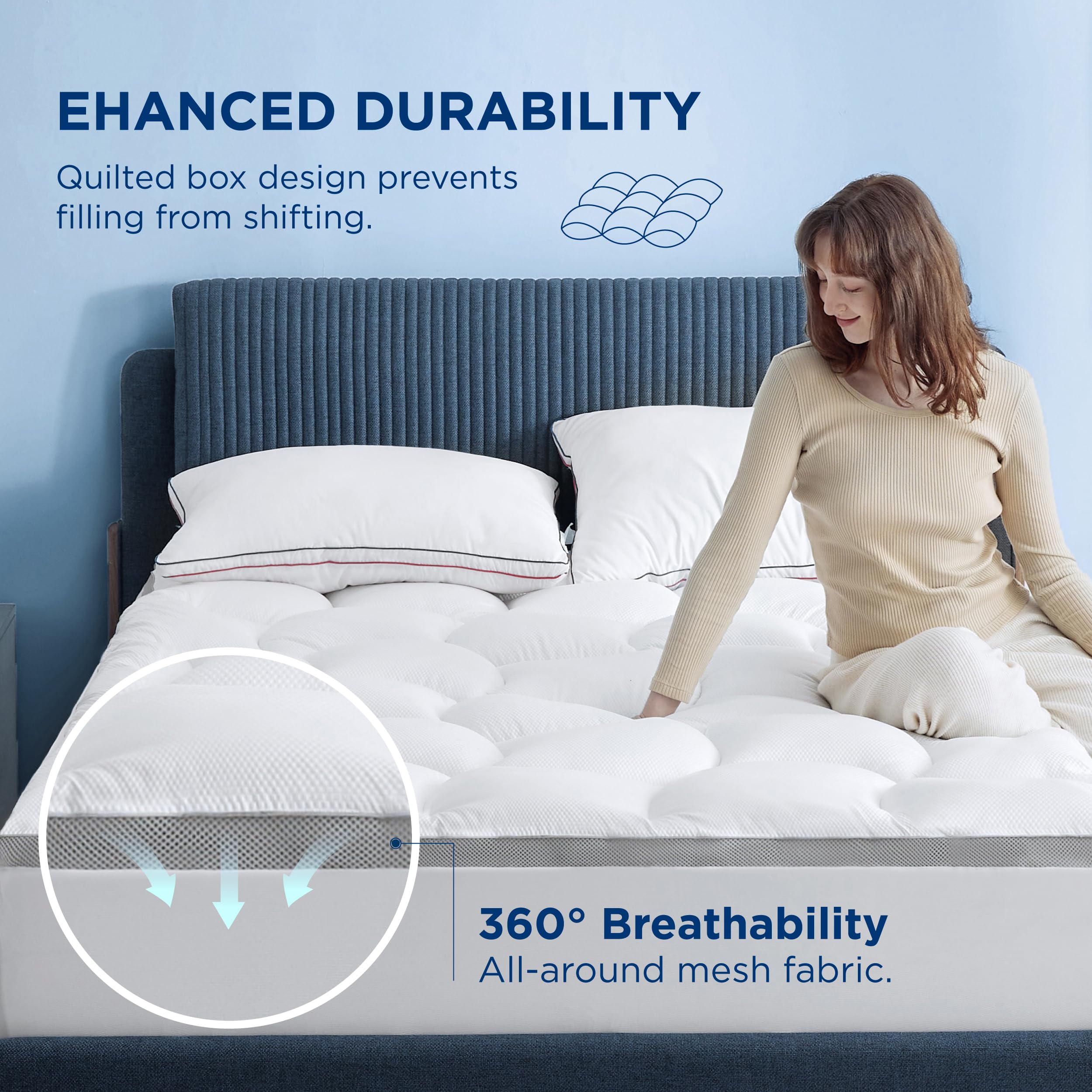 Bedsure Queen Mattress Topper - 800 GSM Extra Thick Pillow Top Mattress Protector with 8-21 Inch Deep Pocket, Waterproof Fitted Bed Pad for Home, Bedroom & Hotel Use - Soft White Cover for Ultimate Comfort & Support