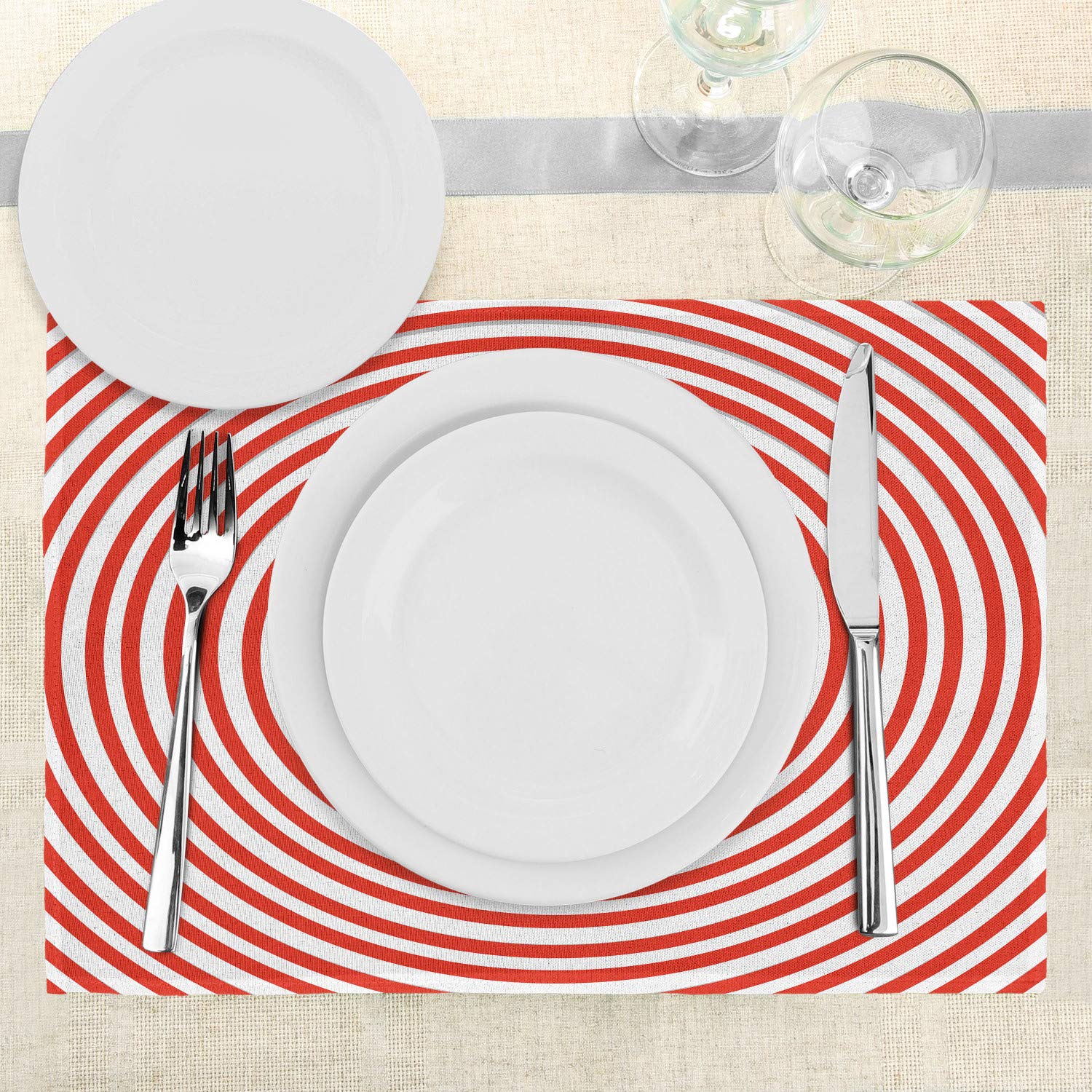 Ambesonne Spires 4-Piece Placemats Set - Spiral Concentric Design Washable Fabric Table Mats for Dining Room & Kitchen Decor (Red/White) - Perfect for Dinner Parties, Holiday Meals & Everyday Use