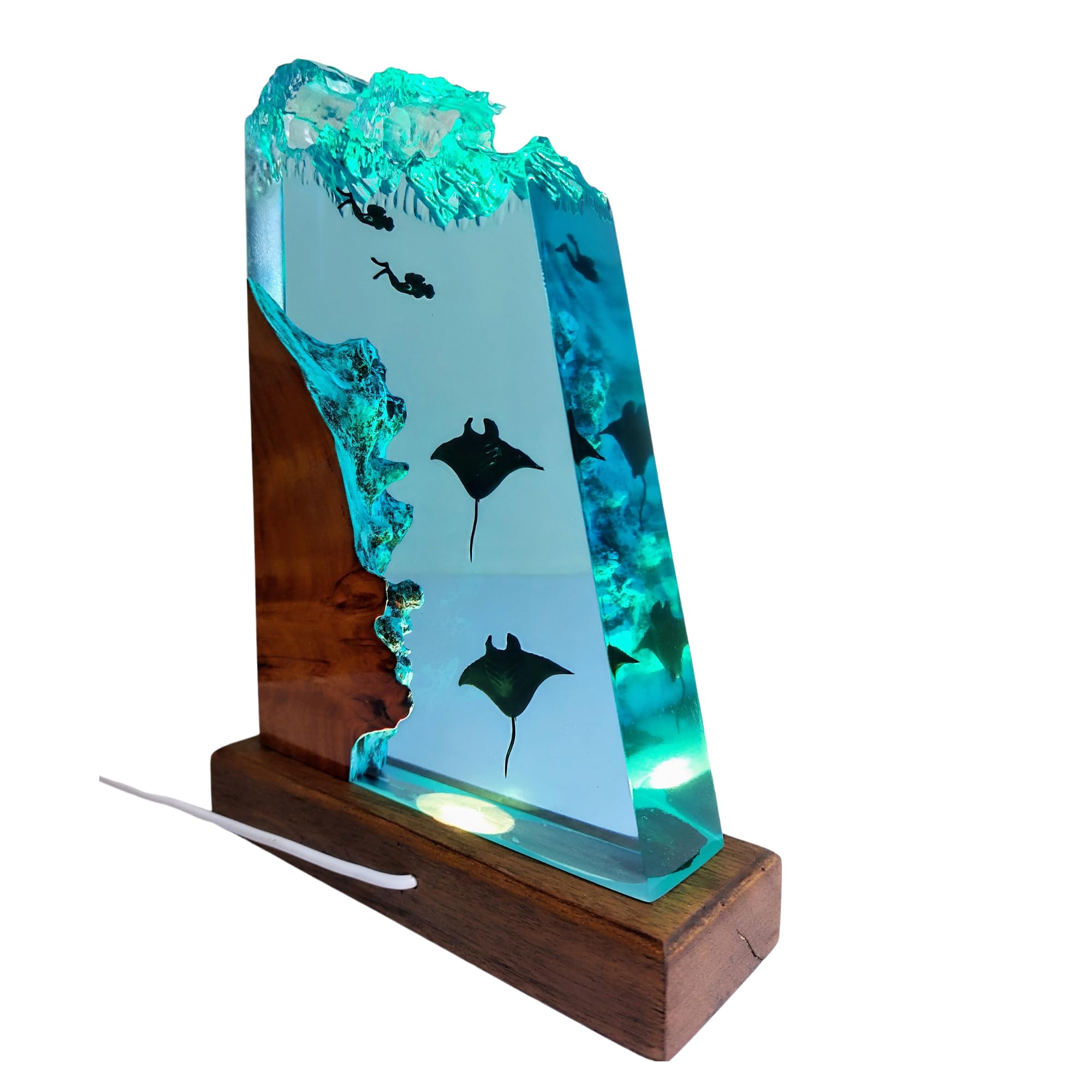 **Manta Ray and Diver Scuba Resin Wood Lamp – Deep Blue Sea Night Light, Ocean Theme Diorama Decor, Large Epoxy Resin Table Lamp for Bedroom, Living Room, Office – Unique Gift for Men & Women (12x6 Inches)**