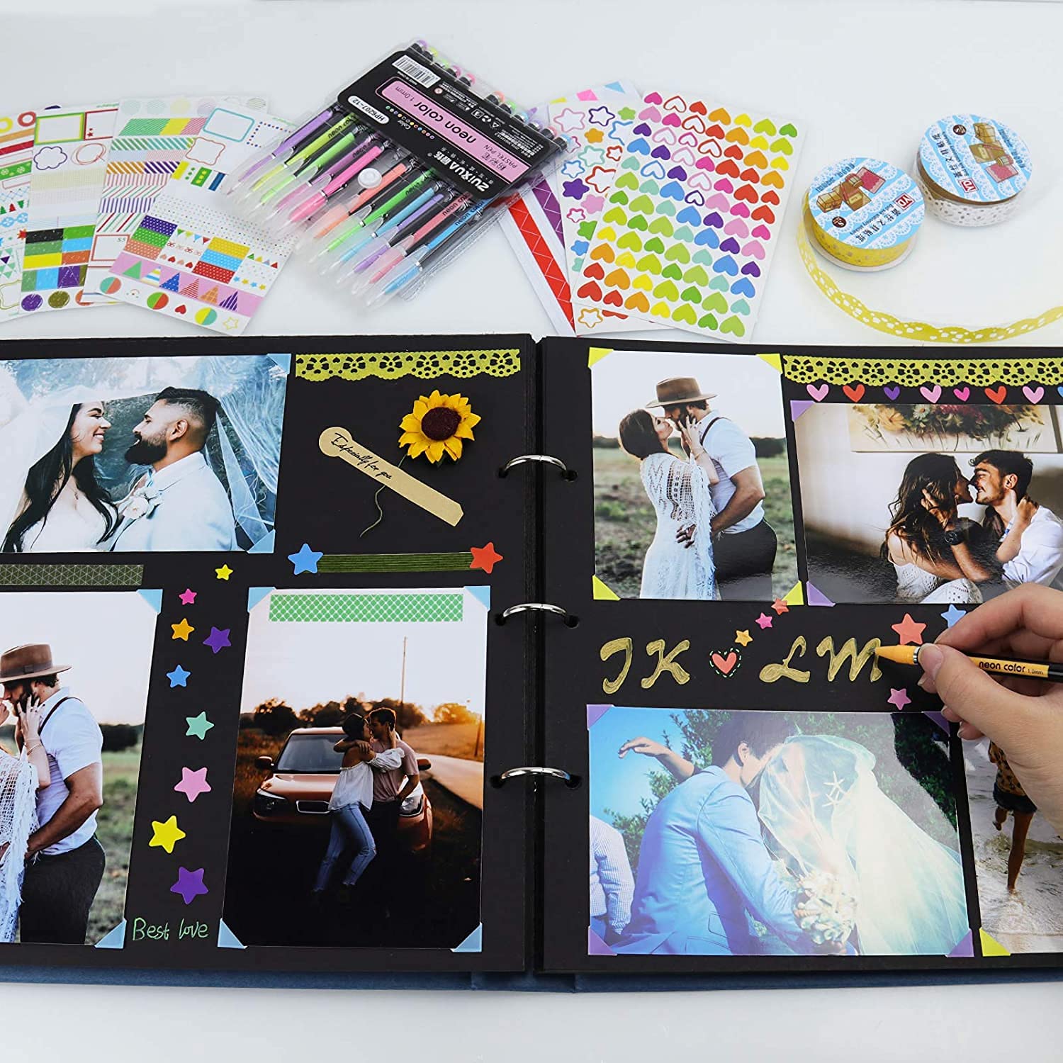 Vienrose DIY Scrapbook Photo Album Kit - 60 Pages 12x12 Inch Hardcover with Pens, Tapes & Stickers - 3-Ring Removable Black Paper Scrapbooking for Wedding, Anniversary, Birthday & Memory Keeping (Purple)