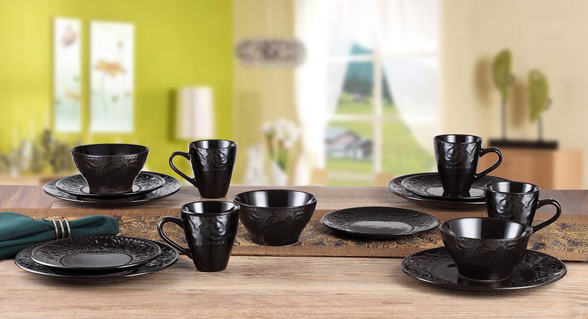 Elegant Modern Black Stoneware Scroll Dinnerware Set - 16 Piece Dish Set for Hosting, Parties, Events & Everyday Dining - Durable Ceramic Plates & Bowls for Family Meals & Entertaining