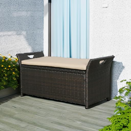 Outdoor Wicker Storage Bench with Cushion - Rattan Deck Box for Patio Furniture, Beige - Perfect for Garden, Poolside & Backyard Organization
