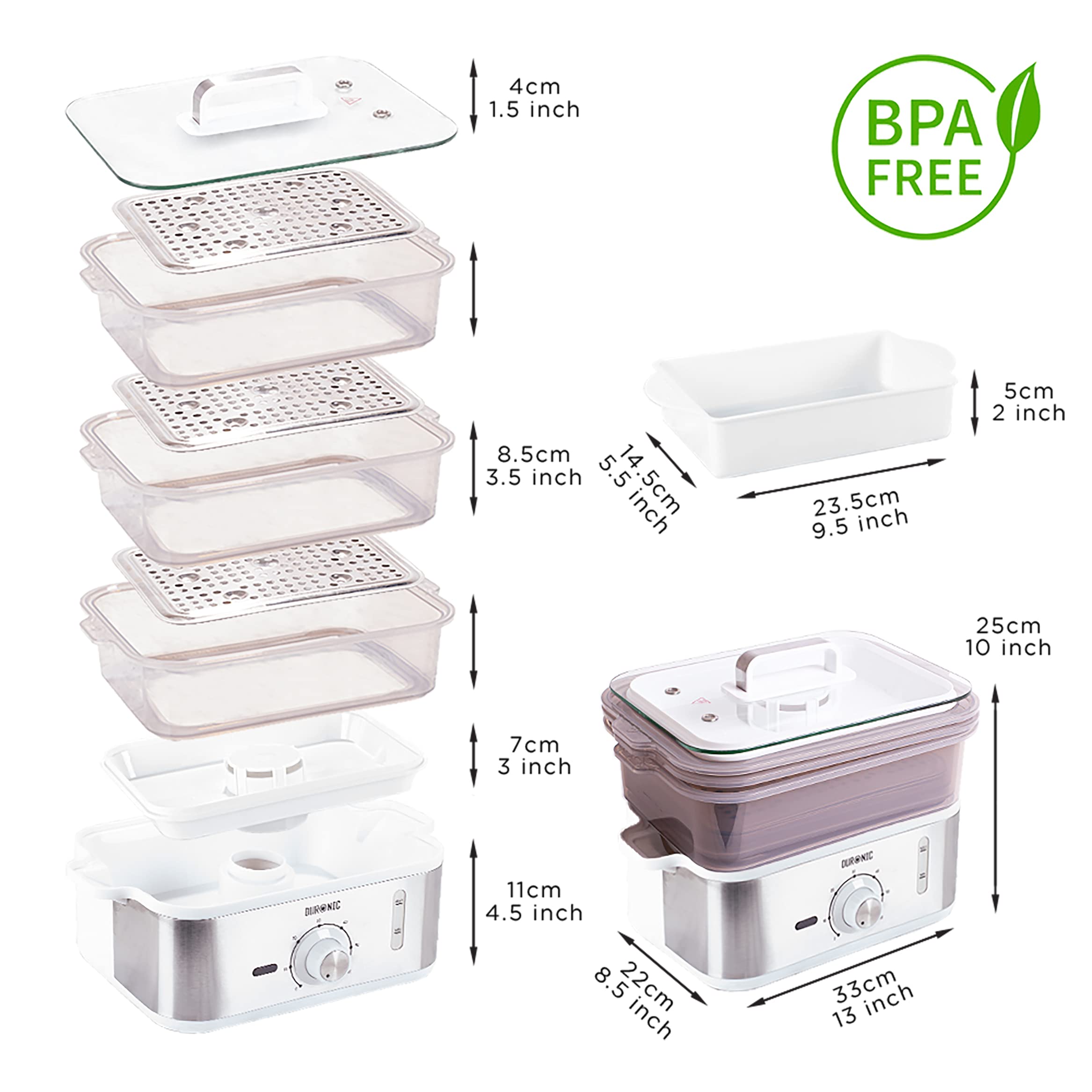 Duronic FS87 3-Tier Electric Food Steamer | 870W BPA-Free Rice & Vegetable Steamer with Timer | Perfect for Healthy Meals, Dumplings & Meal Prep