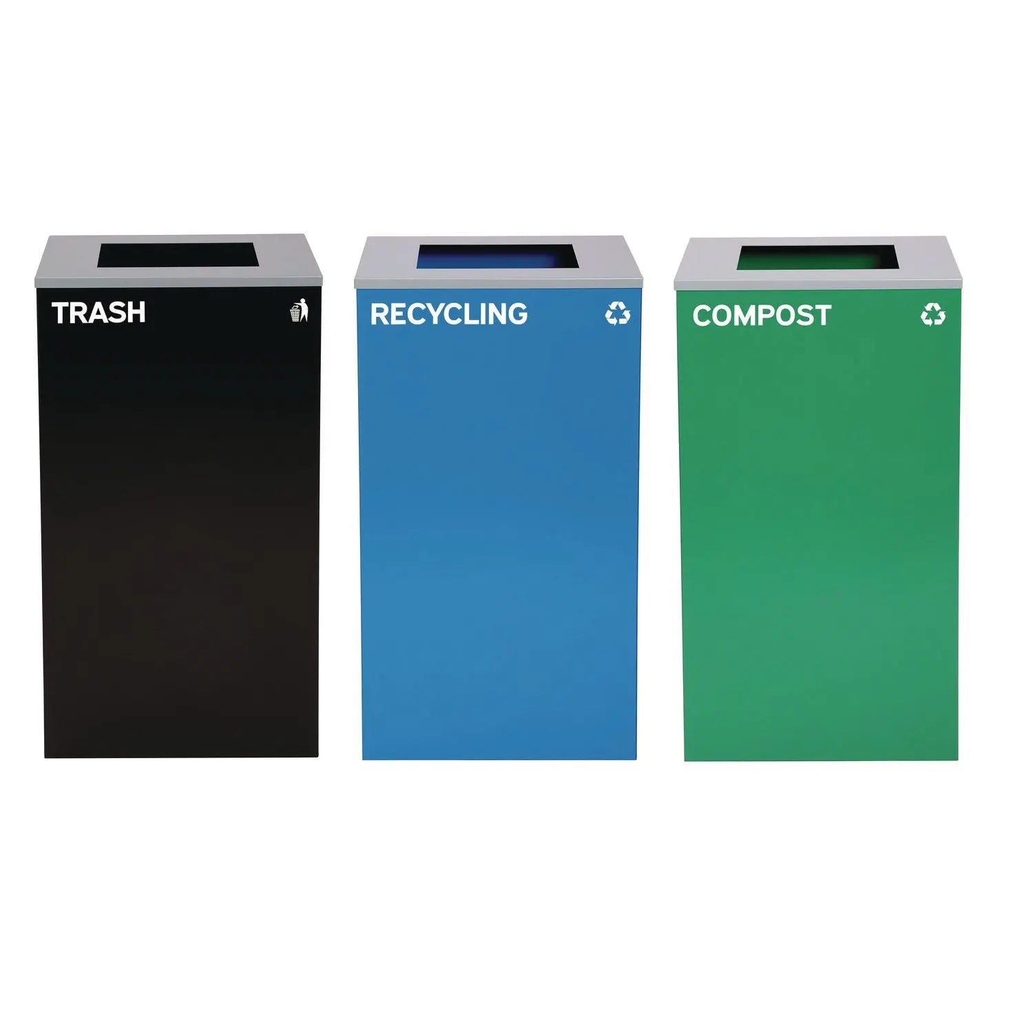 Alpine Industries 29 Gallon Trash & Recycling Cans Set - Steel Waste Bins with Square Lids (Blue Recycling, Green Compost, Black Trash) for Kitchen, Office & Outdoor Use