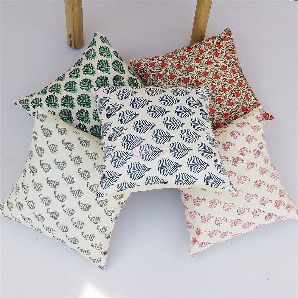 Handmade Jaipur Indian Block Print Cushion Covers - Set of 5 Boho Decorative Pillow Shams 16x16 Inches - Traditional Cotton Fabric for Living Room, Bedroom & Outdoor Decor