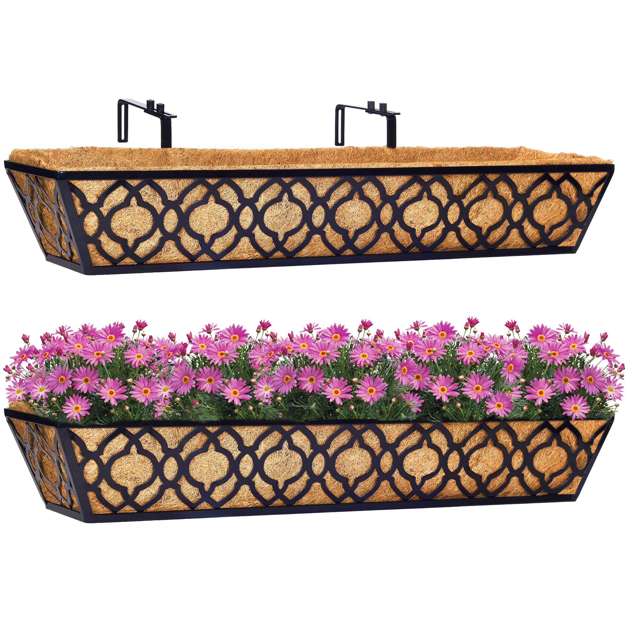 2 Pack 30 Inch Window Box Planter with Coconut Coir Liner - Metal Hanging Flower Basket for Deck, Railing, Indoor & Outdoor Use - Perfect for Flowers, Herbs, and Plants in Home Garden, Patio, and Balcony Decor