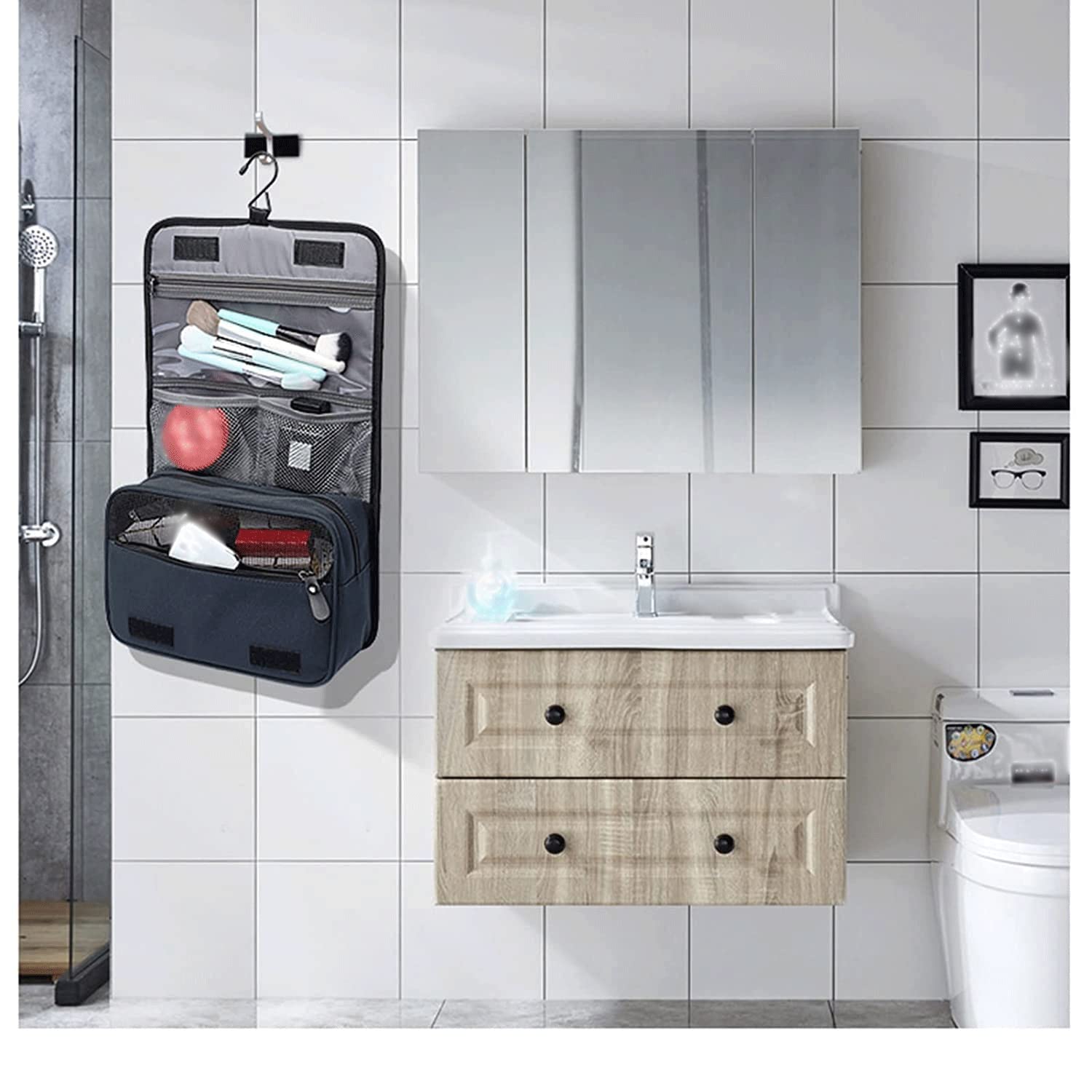 Waterproof Hanging Travel Makeup Bag Organizer for Women & Men - Portable Cosmetic Storage Toiletry Bag (27x10x21cm) - Perfect for Air Travel, Camping, Gym & Daily Use