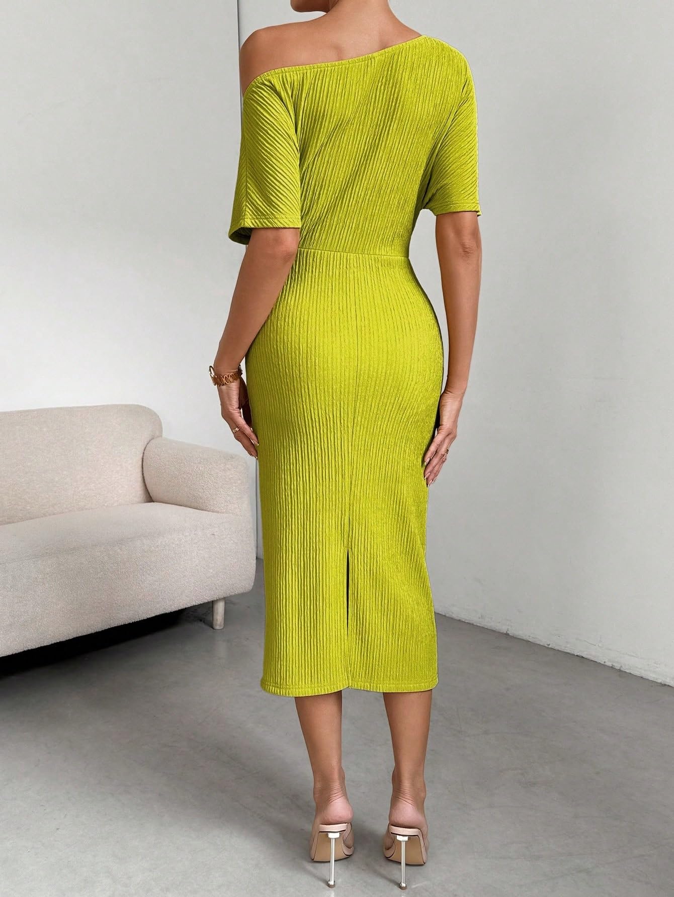 2024 Women's Summer Casual Short Sleeve Midi Dress - Solid Color Asymmetric Collar Flowy Dress for Beach, Vacation & Everyday Wear