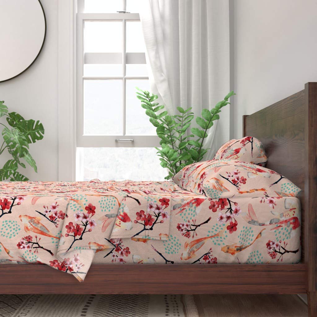 Japanese Garden Koi Fish Cherry Blossom Print 100% Cotton Twin Sheet Set (3-Piece) - Light Pink Carp Pond Design Custom Bedding | Perfect for Boho Bedroom Decor & Asian-Themed Home Styling