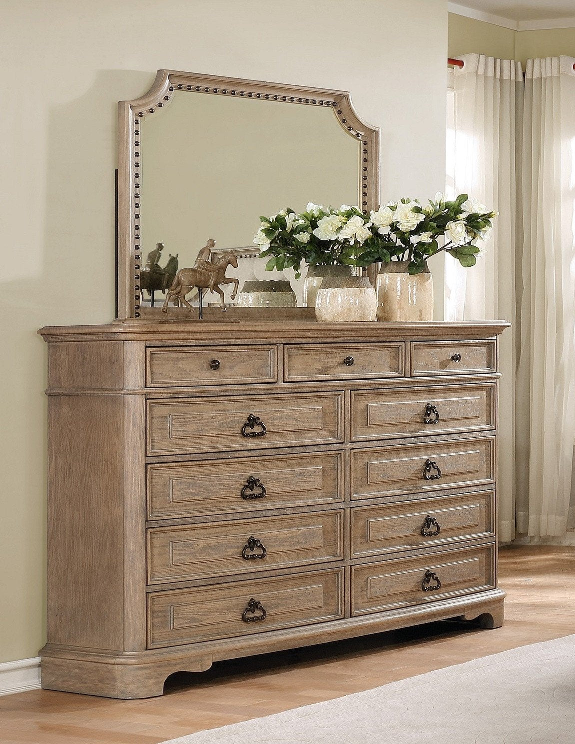 Piraeus 296 11-Drawer White Wash Dresser with Nailhead Trim Mirror - Elegant Bedroom Furniture for Master Suite, Guest Room & Nursery Organization