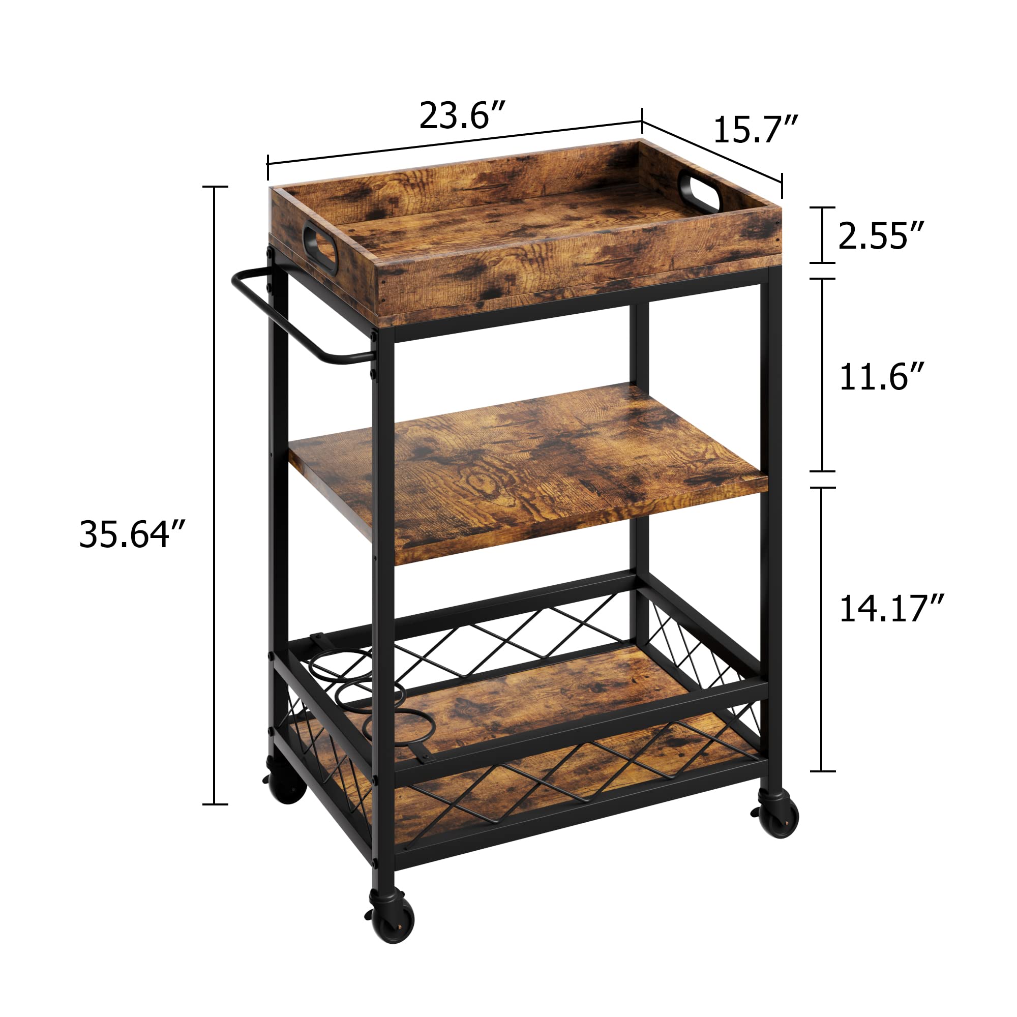 GARVEE 3-Tier Bar Cart with Wine Rack & Locking Wheels - Rustic Wooden Serving Cart with Removable Top Tray - Mobile Beverage Cart for Kitchen, Dining Room, Living Room, Bar or Outdoor Entertaining