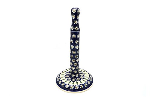 Handmade Polish Pottery Peacock Design Paper Towel Holder - Elegant Kitchen Decor for Farmhouse & Rustic Style Homes - Perfect for Countertop, Pantry, or Dining Room Organization