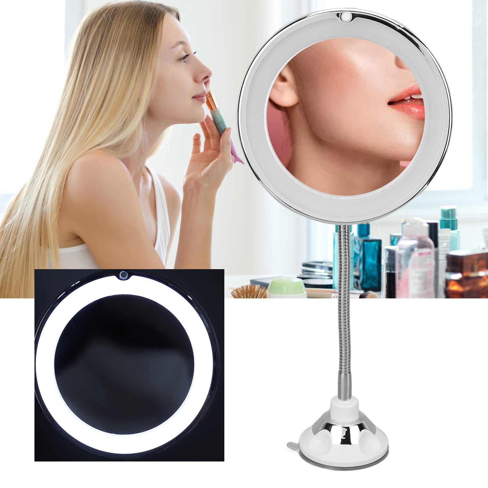 Yosoo 10x Magnifying Makeup Mirror with LED Light - Adjustable Suction Cup Vanity Mirror for Bathroom, Bedroom & Home Office - Perfect for Makeup Application, Skincare & Grooming
