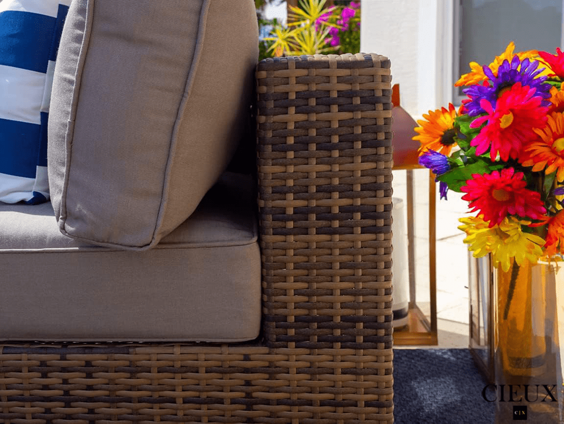 Brown Valence Outdoor Patio Wicker Sofa Set with Sunbrella Taupe Cushions - Weather-Resistant All-Weather Wicker Furniture for Backyard, Garden, Poolside & Patio Relaxation