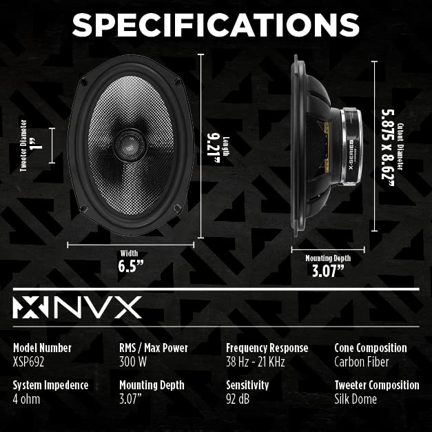 NVX XSP692 6x9 Inch 600W Max Power Car Audio Speakers - 300W RMS, 2-Way Coaxial with 1